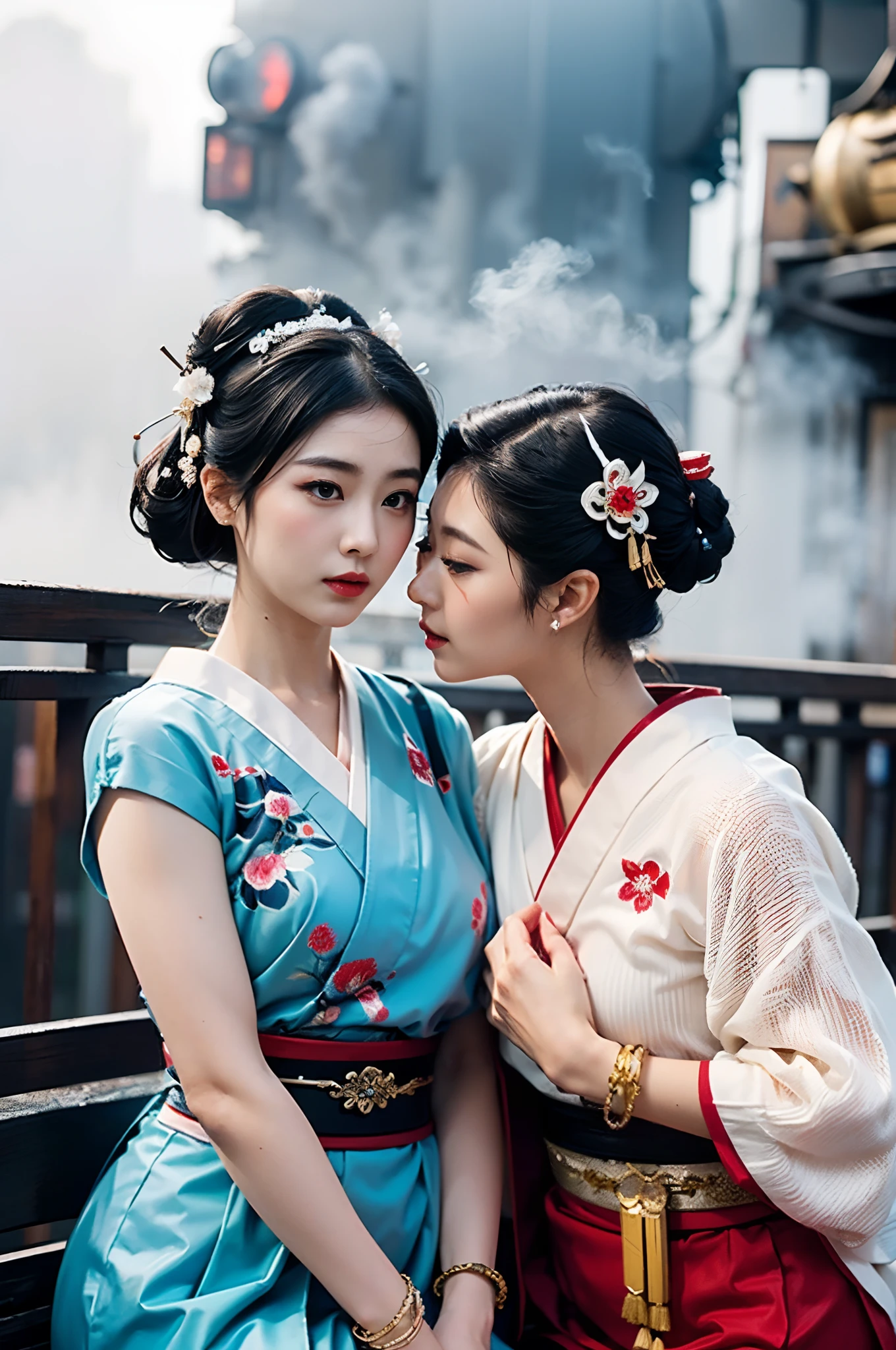 A movie poster,An old-fashioned steam train approached the tracks in the fog,masterpiece,Perfect drawing,(Two beautiful girls, Lovers, lesbians),(Geisha hairstyle,Geisha hairstick:1.6,Geisha hair ornament,armlets, bangle:1.3)