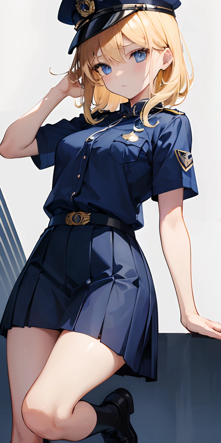 1 girl, police uniform, blond hair, small breasts, small thighs, deep neckline, blue police shirt, police badge, police cap, dark blue skirt, tight skirt, blue eyes, looking asid