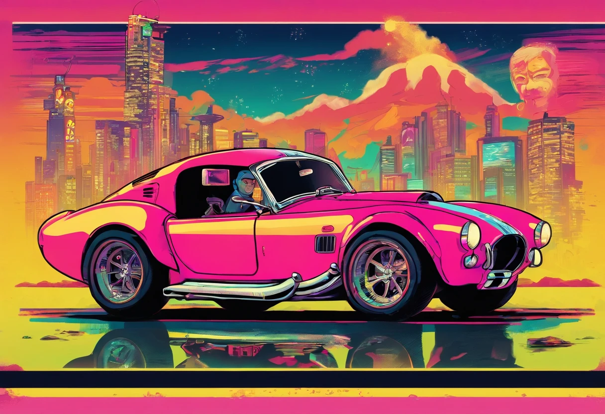 ukiyo-e style: Great SHELBY COBRA, wide background, small and centered, full color, new york city scenery,
