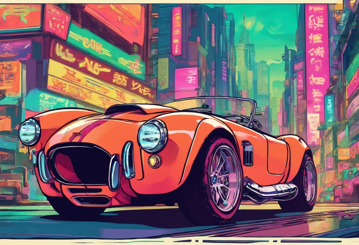 ukiyo-e style: Great SHELBY COBRA, wide background, small and centered, full color, new york city scenery,