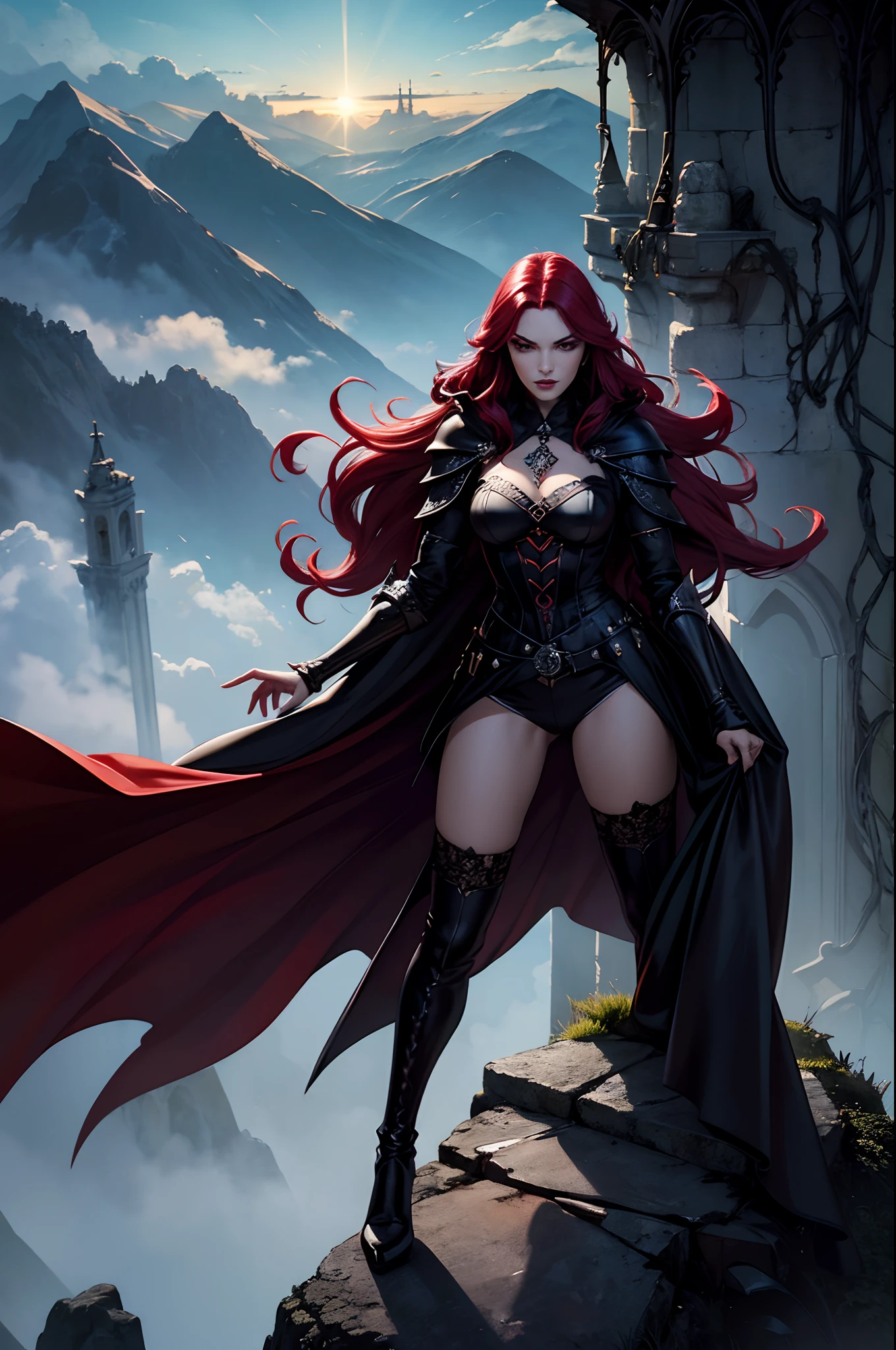 Personagem feminina vampira ruiva de cabelo laranjado e curto, gothic armor, on top of a raised stone in a challenging position, cor dos olhos azul do gelo, manto, capuz, dramatic scene, Torre do Mago, entardecer, magnifica, 8k, estola, roupas preta e vermelha, entardecer, dramatic scene, sky full of clouds, descending a ruined staircase fluttering and long cape, cabelo alaranjado curto, lo gothic, Vampiro.