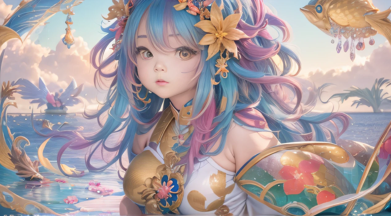 (A girl with colorful hair)(Best quality, A high resolution, Vivid colors, (Water Goddess), (comic strip))Forged hammer pattern,Big belly,oguchi,sedate,massiness,Shiny and warm