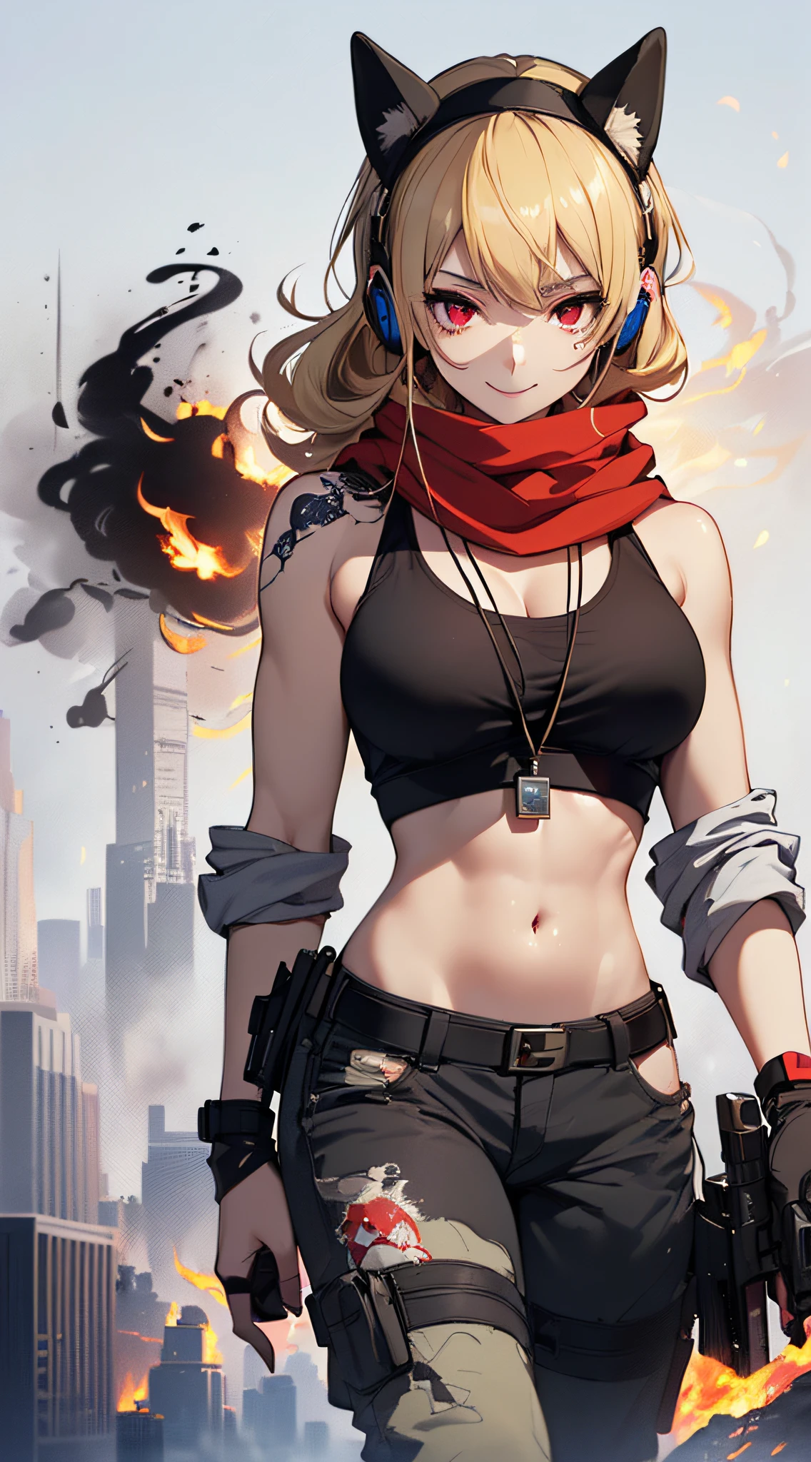 top-quality、Top image quality、masterpiece、girl with((18year old、Blue navel tank top、Military pants、Best Bust、Bust 90、Blonde Away Tail、Red Eyes、open chest wide、Valley、Happiness、A slender、ssmile、black bandana、Holding a revolver in your right hand,Earphone jack in ear、Red Body Paint、Shooter、Black scarf、dog tag、a little muscular、nffsw、Point the gun forward、Carrying an assault rifle on your back))hiquality、Beautiful Art、Background with((Survival Games、Burning smoke、drone、Sunny city))、masutepiece、Elaborate design、visualart、