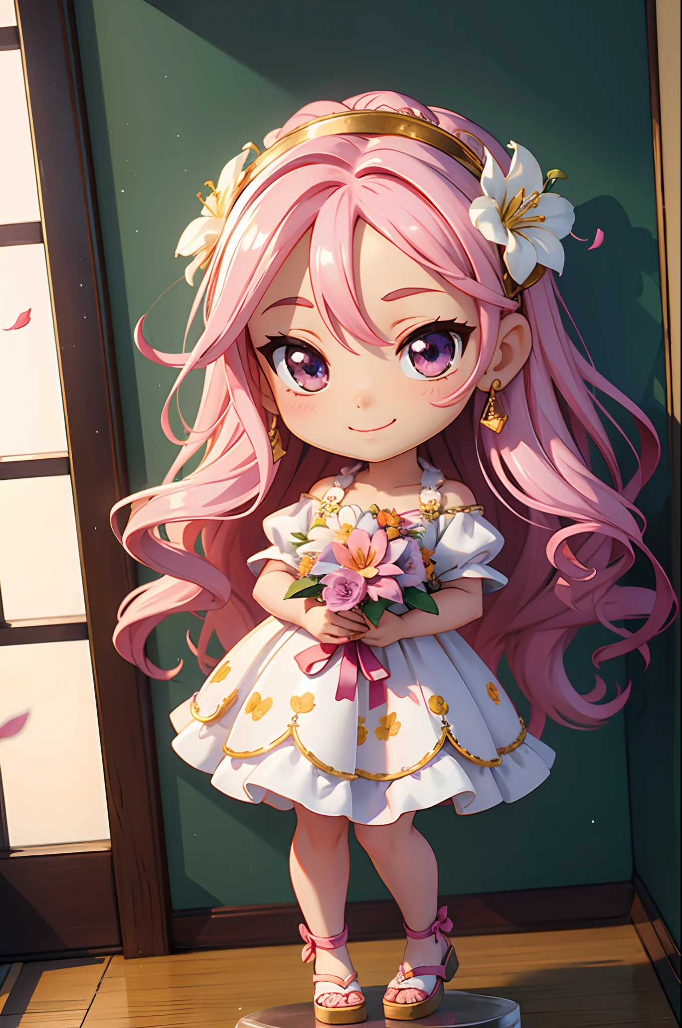 photoRealstic、Nendroids in wedding dress standing in front of the painting、A smile、watercolor Nendoroid、(High Definition Figure)、Flowing iridescent silk、up of face、Eye Up、Colorcon with heart pattern、Floral dress、There are also flowers in front of the nendroids、flower petals、season!!: 夏天☀ 🍂