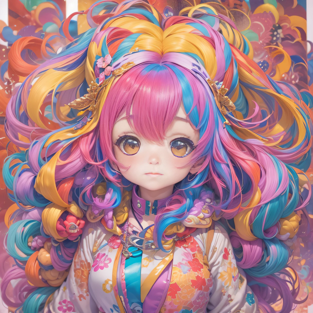 (a girl with colorful hair)(best quality, highres, vivid colors, (manga), (comic))Forged hammer pattern，Big belly，oguchi，sedate，massiness，Shiny and warm