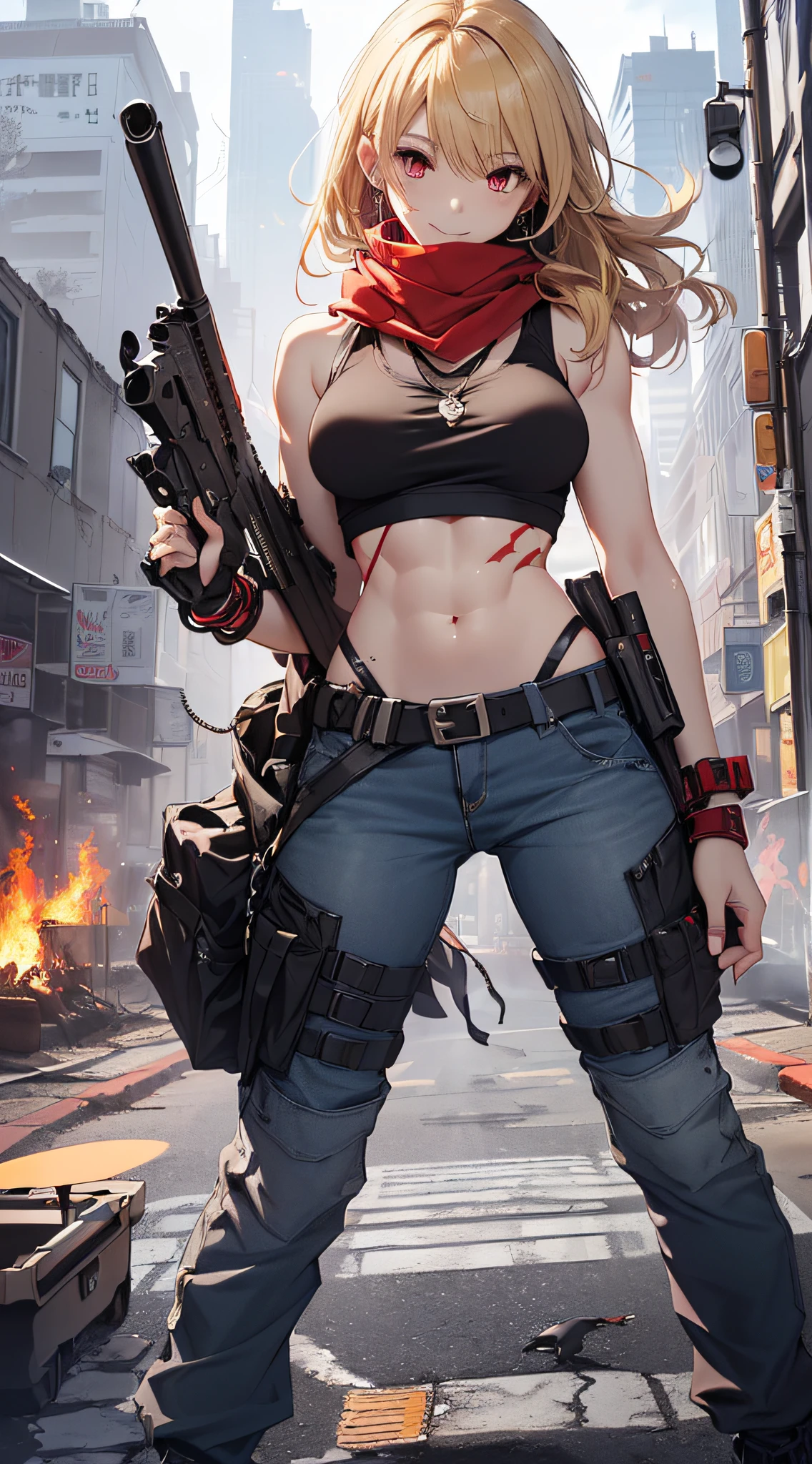 top-quality、Top image quality、​masterpiece、girl with((18year old、Blue navel tank top、Military pants、Best Bust、Bust 90、Blonde Away Tail、Red Eyes、open chest wide、Valley、Happiness、A slender、ssmile、black bandana、Holding a revolver in your right hand,Earphone jack in ear、Red Body Paint、Shooter、Black scarf、dog tag、a little muscular、nffsw、Point the gun forward、Carrying an assault rifle on your back)）hiquality、Beautiful Art、Background with((Survival Games、Burning smoke、drone、Sunny city))、masutepiece、Elaborate design、visualart、