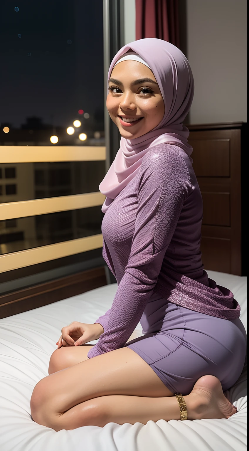 Malay girl very long white hijab, wear pastel lilac high low dress and leather jacket, kneeling on bed, kneeling, smiling , wear necklace, side view, windy, detail skin, age spot, detail skin texture, mole below eyes, small breast, flat chest, wide hips, small waists, thick thighs, slim abs, big round ass, beautiful body, nighttime, laughing, happy, bright lighting, people in background, college gym background, blur background, bokeh, location: bedroom,