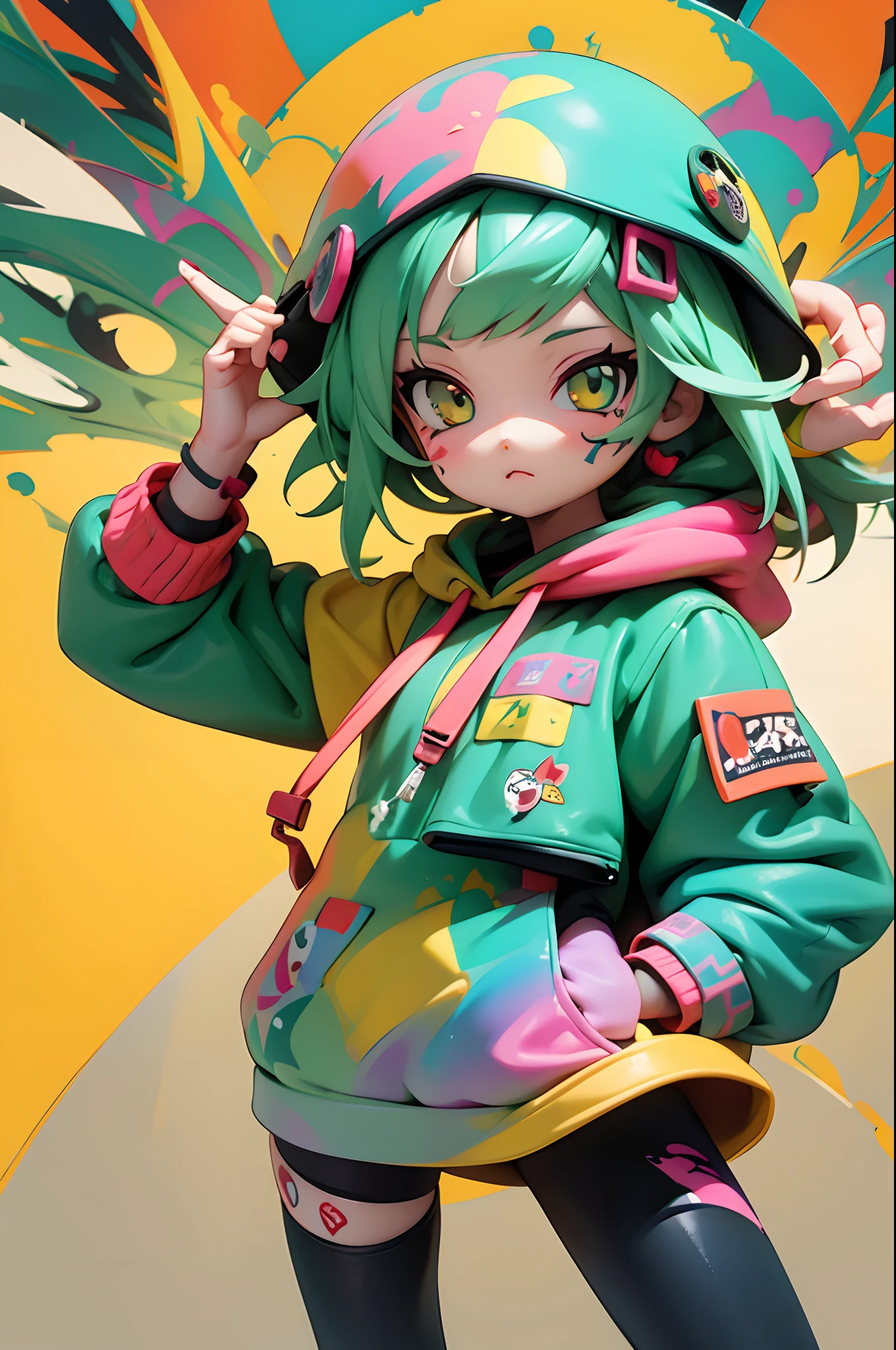 hightquality, masterpiece, Colorful colors, Cartoon style, Graffiti Art, tchibi、Chibichara, gals, Wearing a hoodie, Wearing a hood, cyberpunked, Messy background, Unprecedented amount of depiction, Covered with psychedelic text, Sticker-like