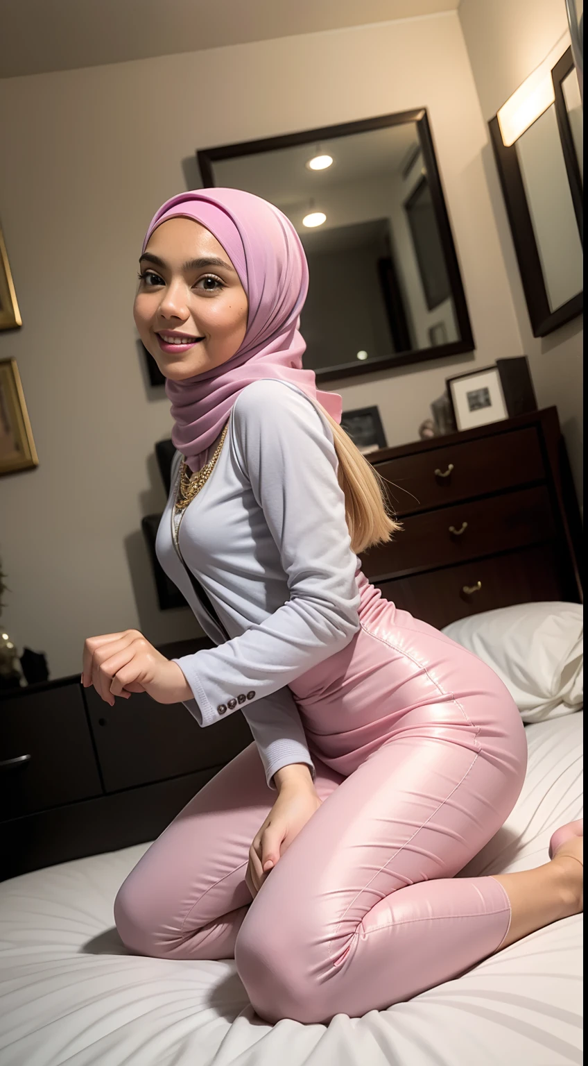 Malay girl very long white hijab, wear pastel lilac high low dress and leather jacket, kneeling on bed, kneeling, smiling , wear necklace, side view, windy, detail skin, age spot, detail skin texture, mole below eyes, small breast, flat chest, wide hips, small waists, thick thighs, slim abs, big round ass, beautiful body, nighttime, laughing, happy, bright lighting, people in background, college gym background, blur background, bokeh, location: bedroom,