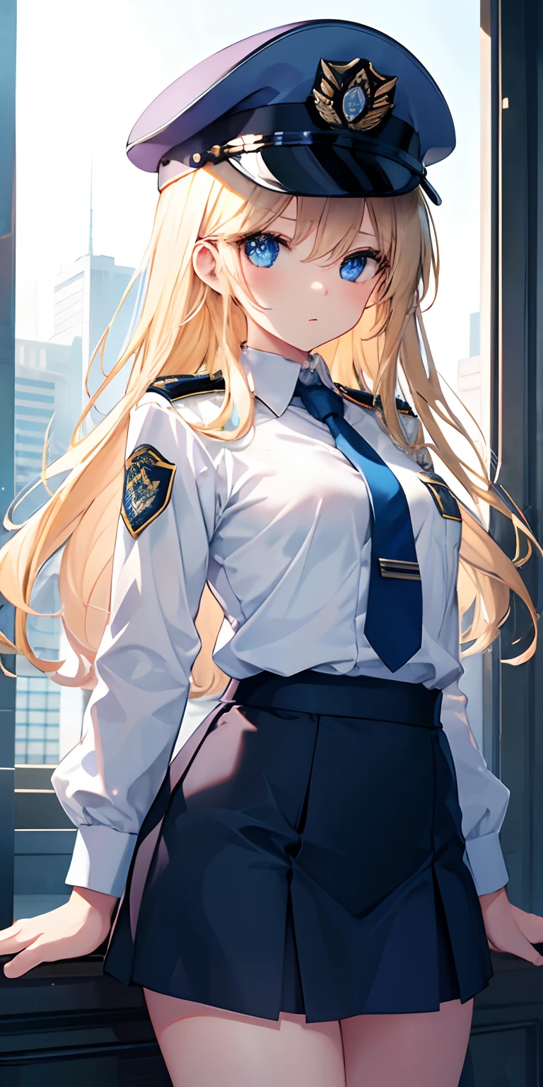 1 girl, police uniform, blond hair, small breasts, small thighs, deep neckline, blue police shirt, police badge, police cap, dark blue skirt, tight skirt, blue eyes, looking asid