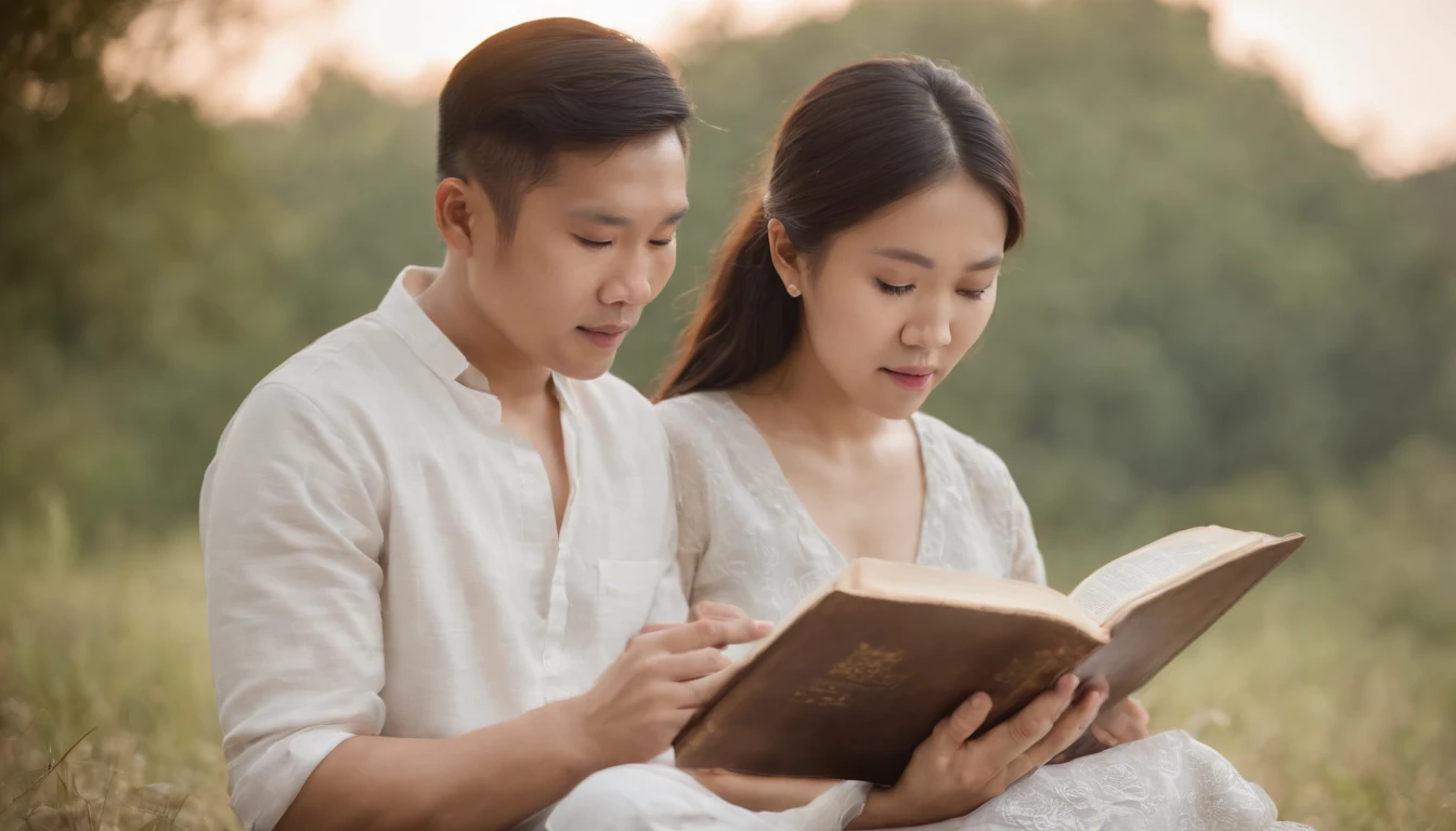 (Best Quality,Ultra-detailed,realisitic:1.37),portrait of a,Korean men and women reading the Bible,Oil Painting,Cathedral attire, View of the cathedral in the distance,Peaceful garden scene,Soft sunlight,tranquil expression,wisdom,Bible Quotes,vibrant colours,delicate brushwork,subtle textures,lush greenery,Contemplative atmosphere,Beautiful picture book,Highlighted features:Eyes in focus,gentle smiling,Graceful posture,Sunlight shining through the trees,rays,Quiet surroundings,serene ambiance,A Blessed Moment