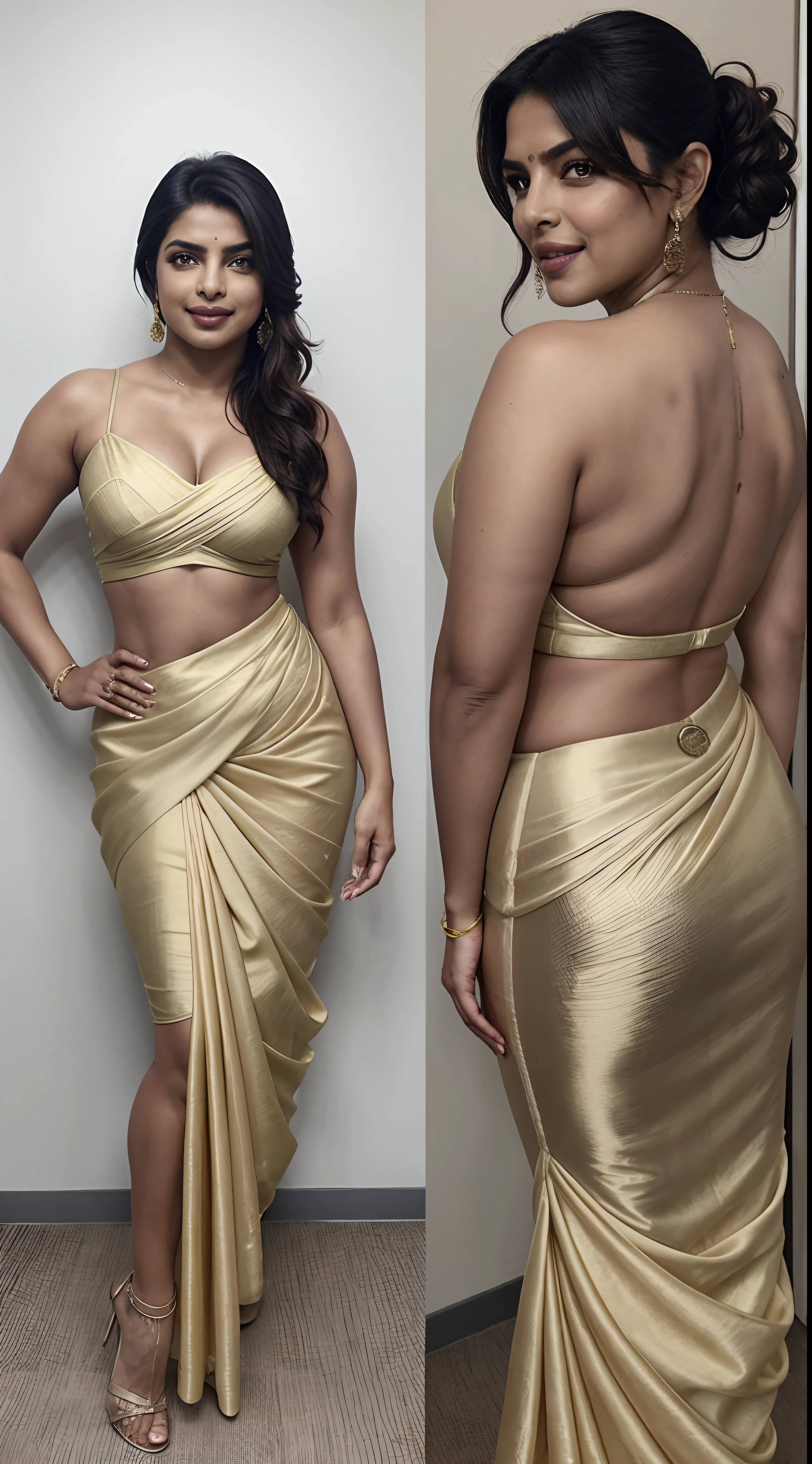 Priyanka Chopra as fashion show, athletic curvy milf body, yellow saree strapless satin gown, extreme deep cut neckline, exposing massive cleavage, thigh high boots, posing in cannes red carpet, sunny day scene, hourglass figure, big breasts, seductive face, erotic expression, look at a camera and smile, high ponytail hair, erotic adult face, 42 yo, bright lights, intricate details, (ArtStation:1.2)
