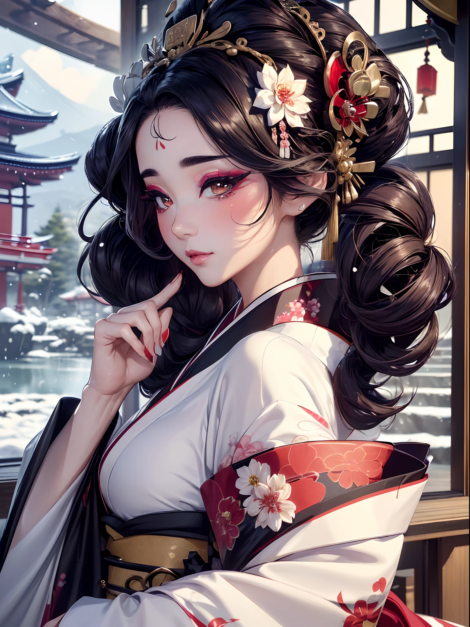 sexy asian girl, 1girl, japanese geisha, 20 years old, face close up, half body portrait, (geisha hairstyle), big brown eyes, nihongami, geisha makeup, modest look, seducing viewer, hearts, posing, sexy pose, solo, blue floral kimono, off shoulder, bonsai, sakura, cherry blossom, submission, sunset, flowers, plants, cinematic lightings