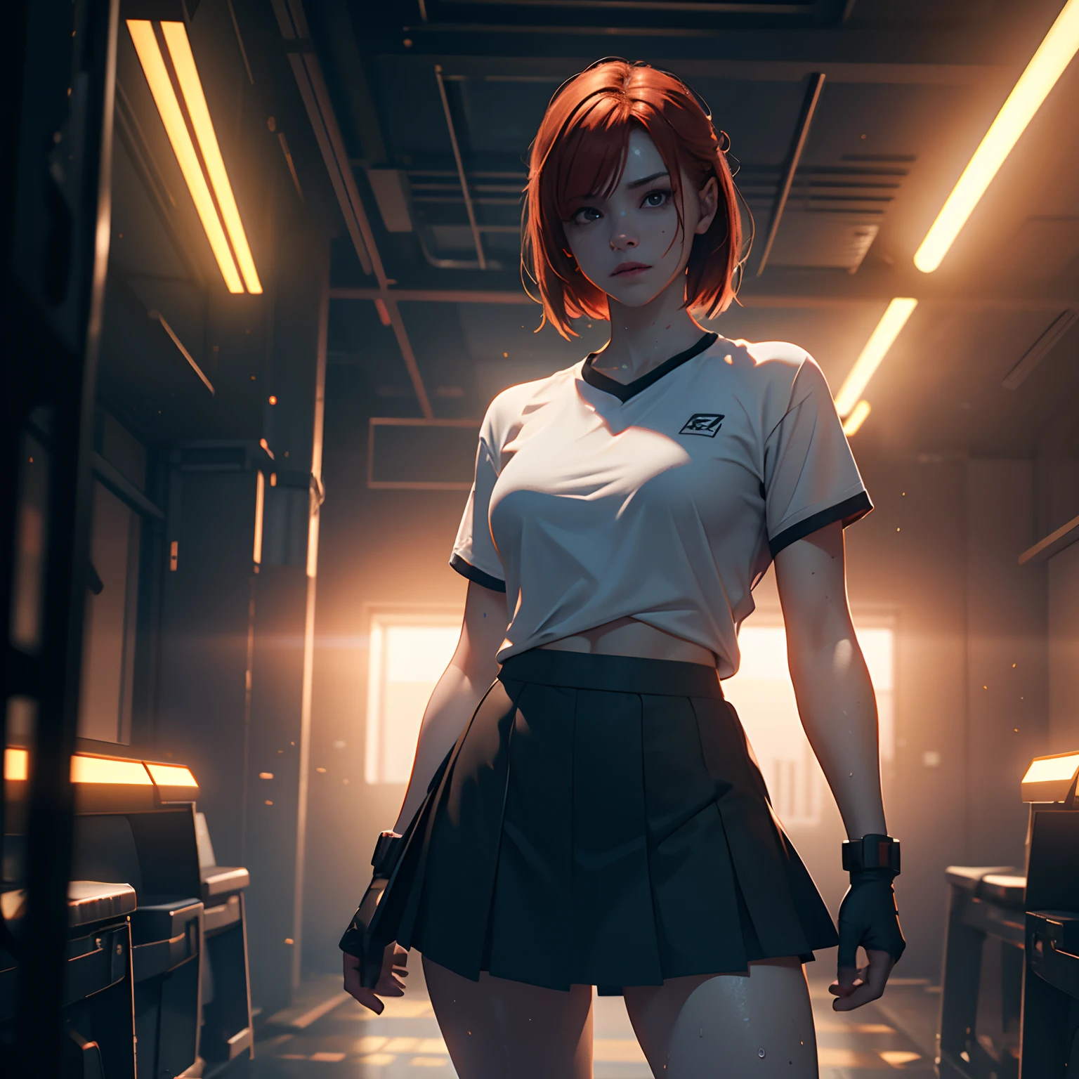 1girl, Short skirt, a real perfect female anatomy of ginger, sweaty body, hyper details, volumetric lighting, cinematic lights, photo bashing , epic cinematic, octane render ,extremely high detail, post processing, 8K wallpaper, Film Grain, 3d, denoise, redshift style, phoshoot