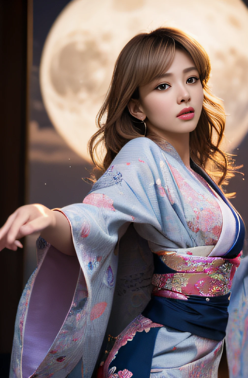 (masterpiece:1.2), ultra detailed, ultra high res, (realistic, photo realistic:1.37), high detail RAW color photo, professional photograph, an extremely delicate and beautiful, extremely detailed, 8k wallpaper, Amazing, finely detail, huge file size, extremely detailed beautiful girl, extremely detailed face, extremely detailed eyes, extremely detailed skin, extremely detailed fingers, extremely detailed nose, extremely detailed mouth, perfect anatomy, highly detailed background, (Japanese famous actress:1.2), (gyaru:1.2), (flat chest), Dynamic lighting, full body, (kimono:1.3), (dynamic pose:1.5), (moonlight:1.2),