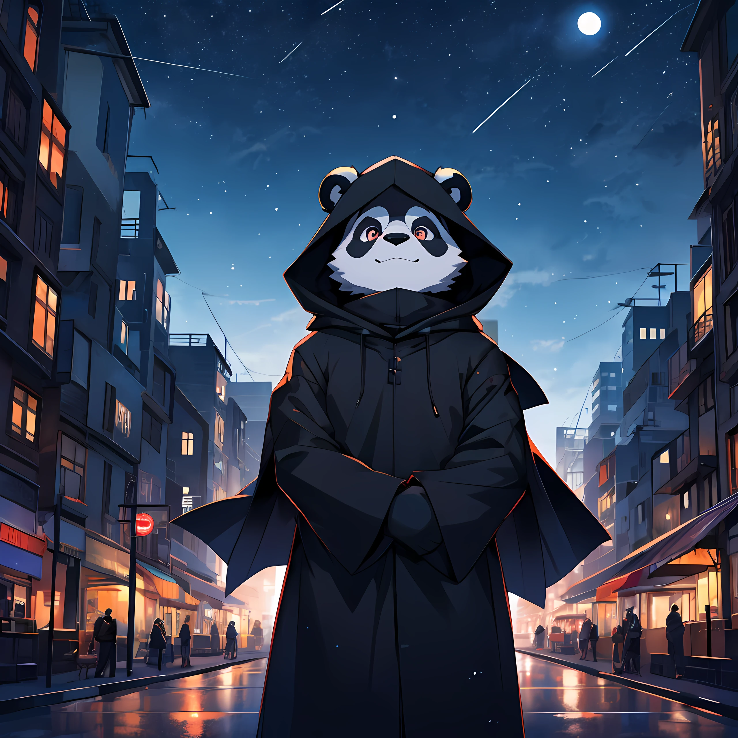 a panda, wearing long black hood, city wallpaper anime at night sky, absurdres, high res, 8K, masterpiece, looking at viewer