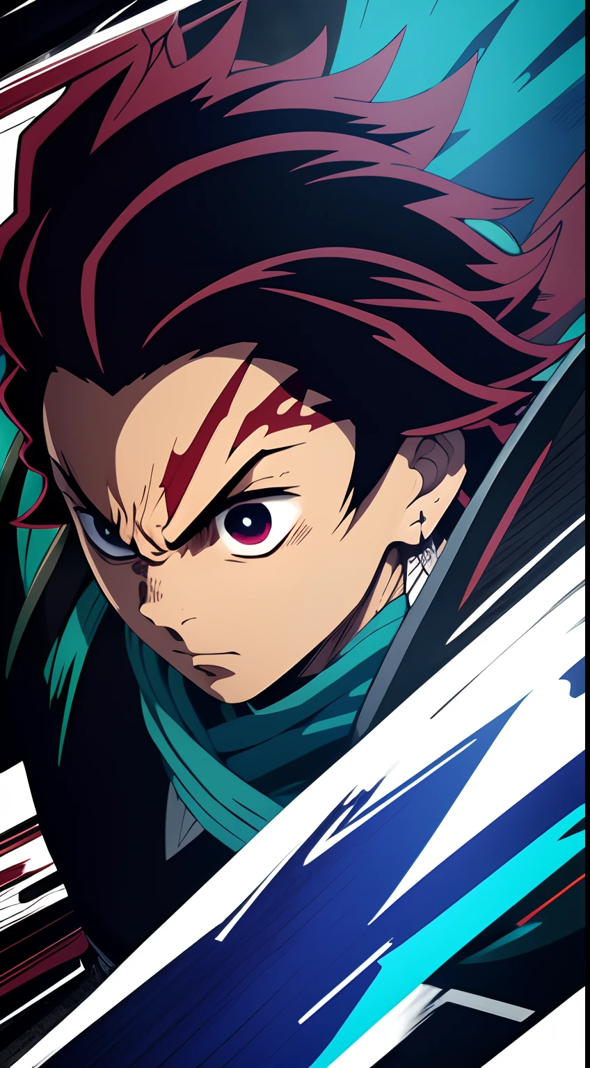 "Create an intense and dynamic 8K full HD image of Tanjiro Kamado in the midst of a fierce battle. Set the scene against a striking black background to emphasize the action. Showcase Tanjiro using his water breathing techniques with vivid blue sword strikes and a determined expression, surrounded by dynamic motion lines and splashes. Capture the essence of his combat prowess and unwavering resolve in this epic battle scene."
