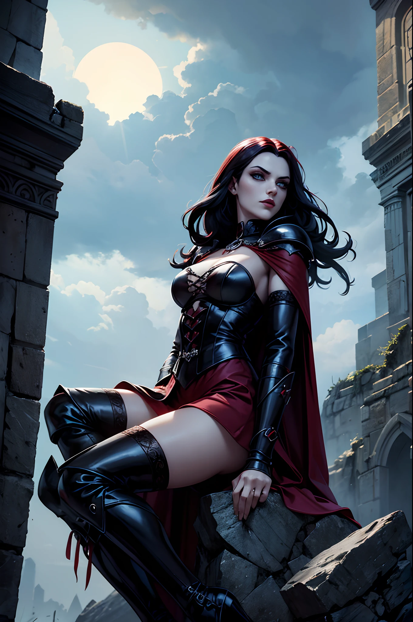 Personagem feminina vampira ruiva de cabelo laranjado e curto, gothic armor, on top of a raised stone in a challenging position, cor dos olhos azul do gelo, manto, capuz, dramatic scene, Torre do Mago, entardecer, magnifica, 8k, estola, roupas preta e vermelha, entardecer, dramatic scene, sky full of clouds, descending a ruined staircase fluttering and long cape, cabelo alaranjado curto, lo gothic, Vampiro.