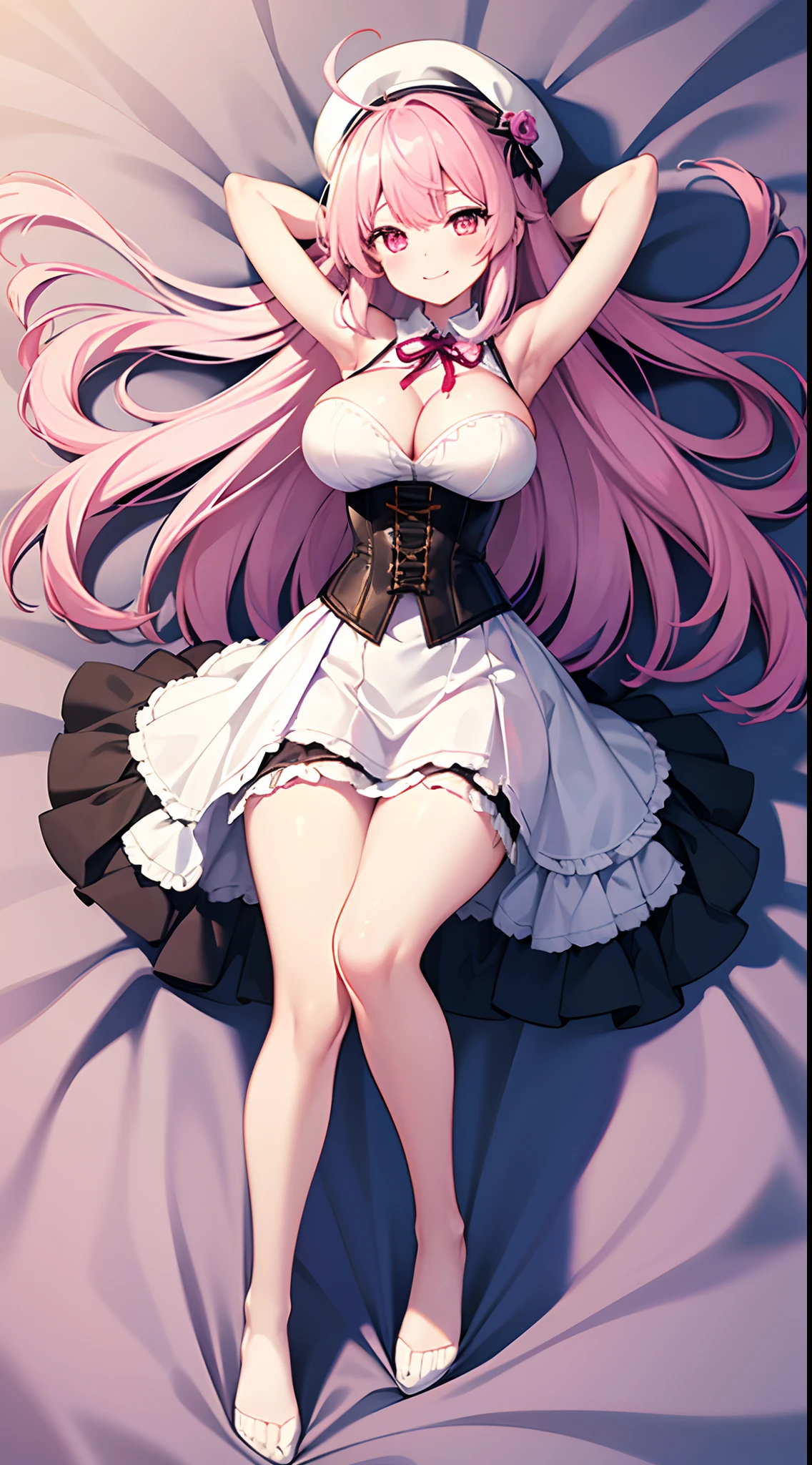 1 girl, game CG, white dress, cleavage visible, shoulders visible, corset, white short skirt, white jacket, neck ribbon, white beret, gigantic breasts, pink hair, long hair, straight hair, ahoge, pink eyes,dakimakura,full body, arms up, smile,