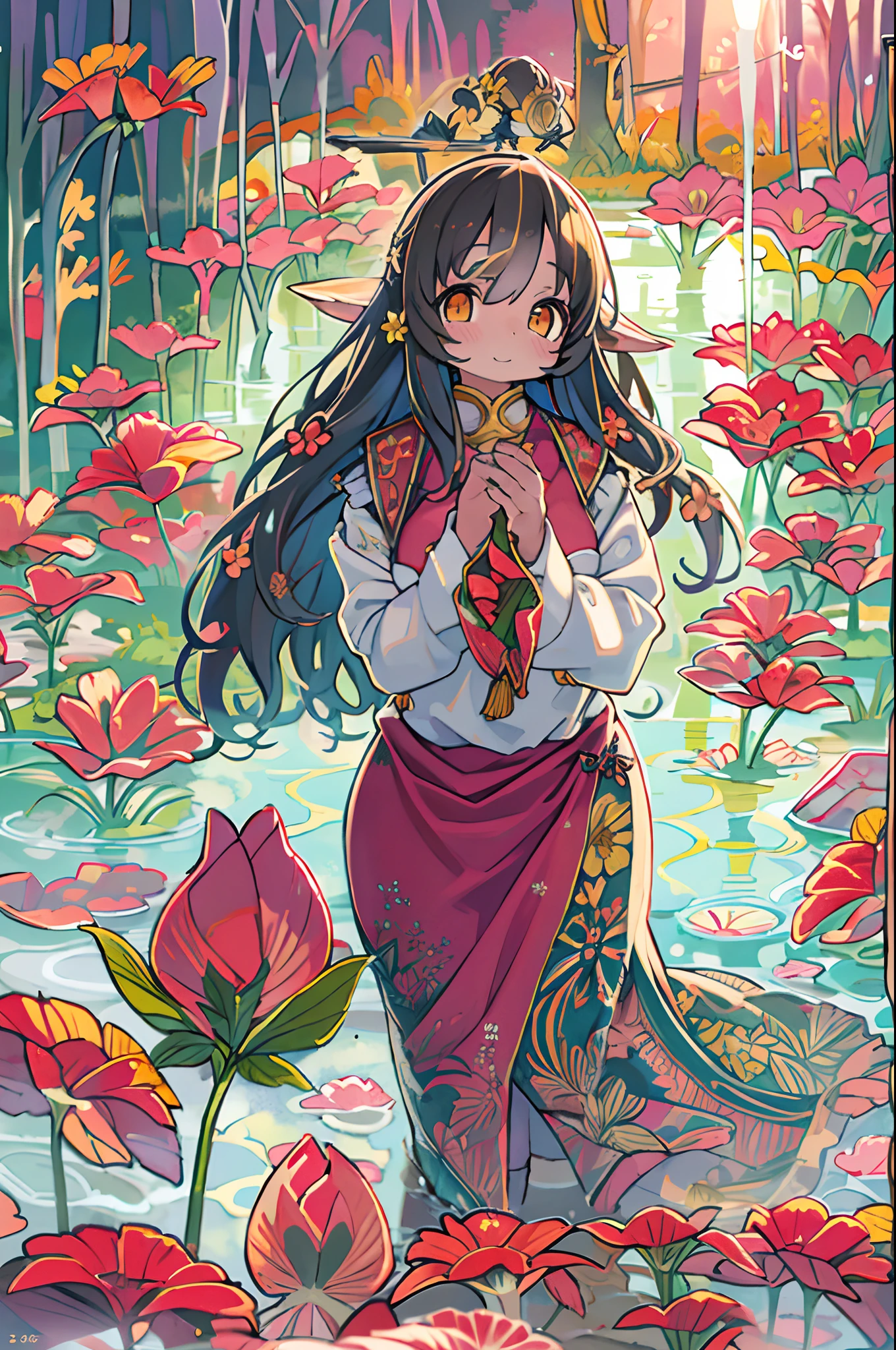 Samia, girl, Solo, Shirt, looking at you, Face, Perfect, Flowers, High quality,  Radiant, knight, godly, Red Shirt, red velvet, Water, ocean,  lotuses