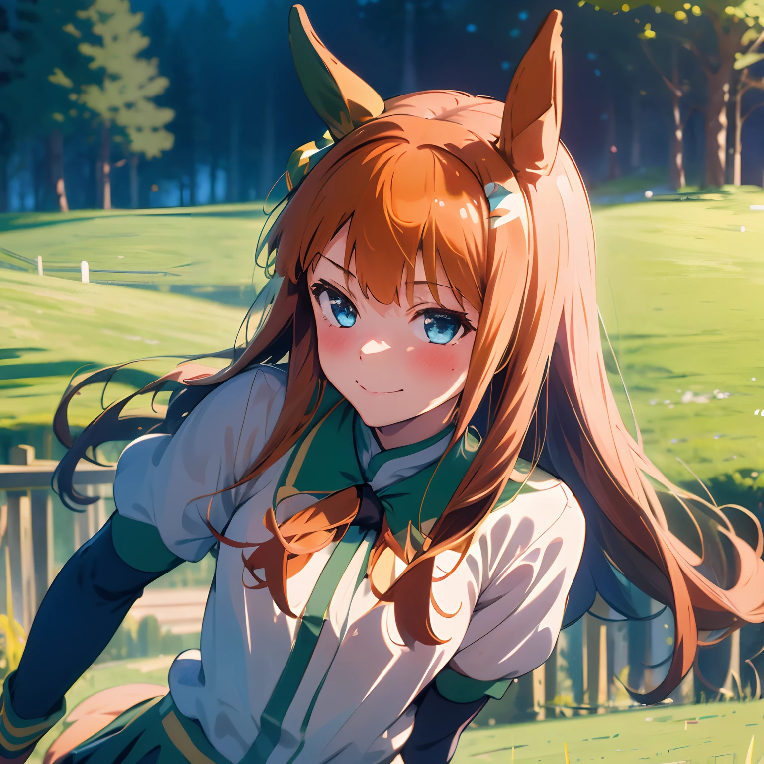 masterpiece, 8k wallpaper, best quality, 1girl, SilenceSizuka, smile, blush, looking at the viewer, grass, closed mouth,  silence_suzuka_\(umamusume\),