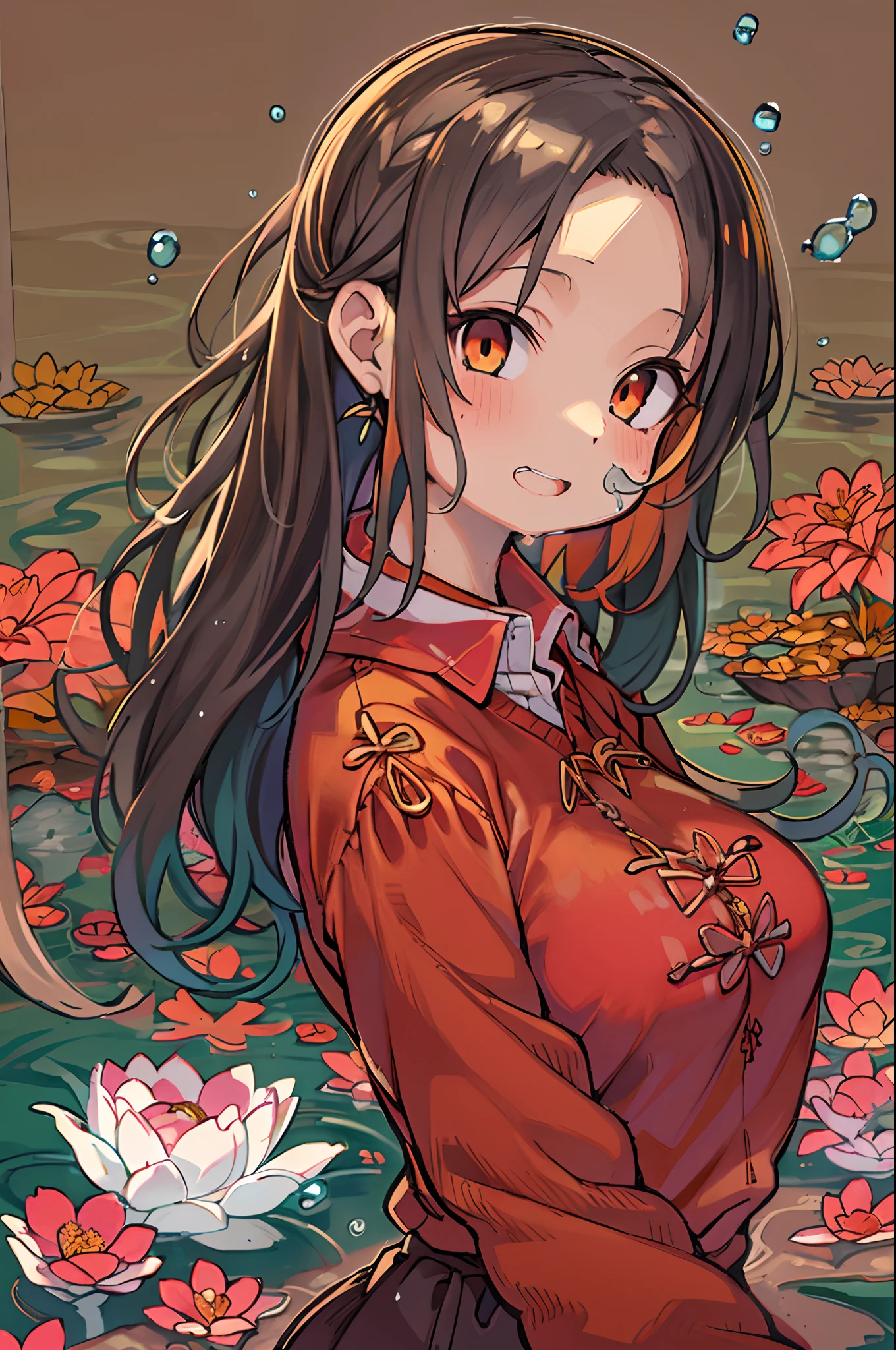 Samia, girl, Solo, Shirt, looking at you, Face, Perfect, Flowers, High quality, Radiant, knight, godly, Red Shirt, red velvet, Water, ocean, lotuses