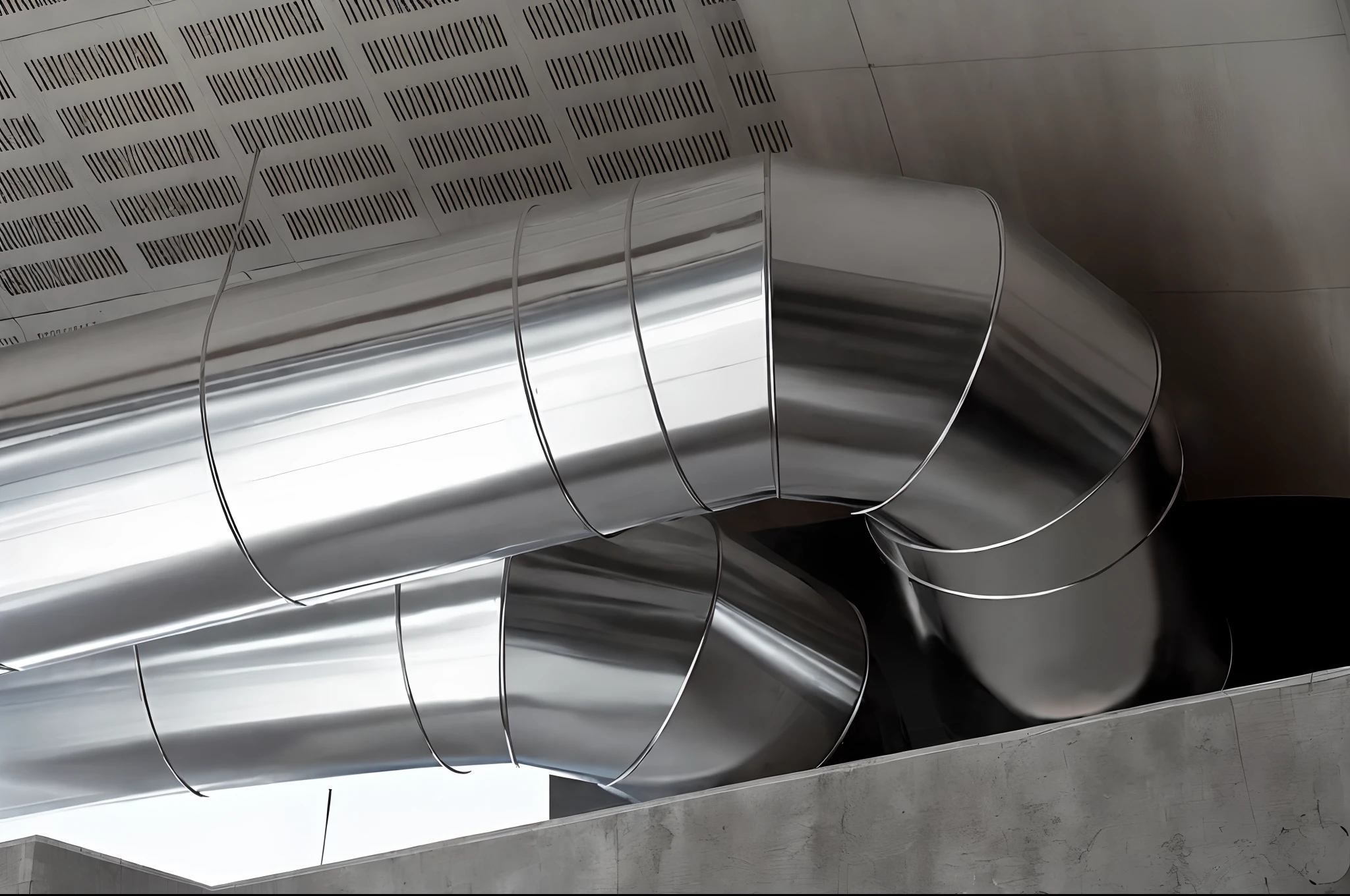 there is a metal pipe that is sticking out of a wall, vents, pipes, ventilation shafts, tubes, large pipes, aluminium, industrial pipes, stainless steel, metal joints, steam pipes, chrome tubes, odd pipes, with big chrome tubes, aluminum, pipe, broad detail, piping, hyper-detailed, hyper - detailed