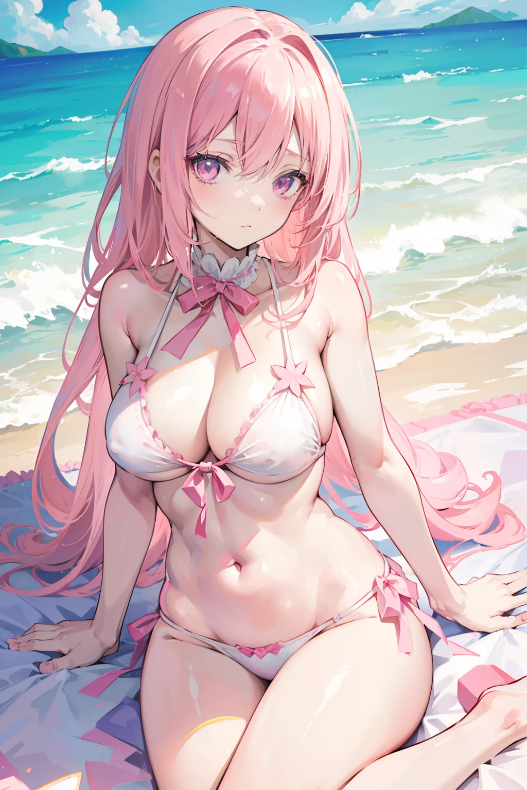 anime girl, long pastel pink hair, pastel pink eyes, mature and tall, mature face, slightly fierce face, in a white/pastel pink bikini swimsuit with a ribbon, laying down at the beach, beautiful background, good anatomy, 8k, high resolution
