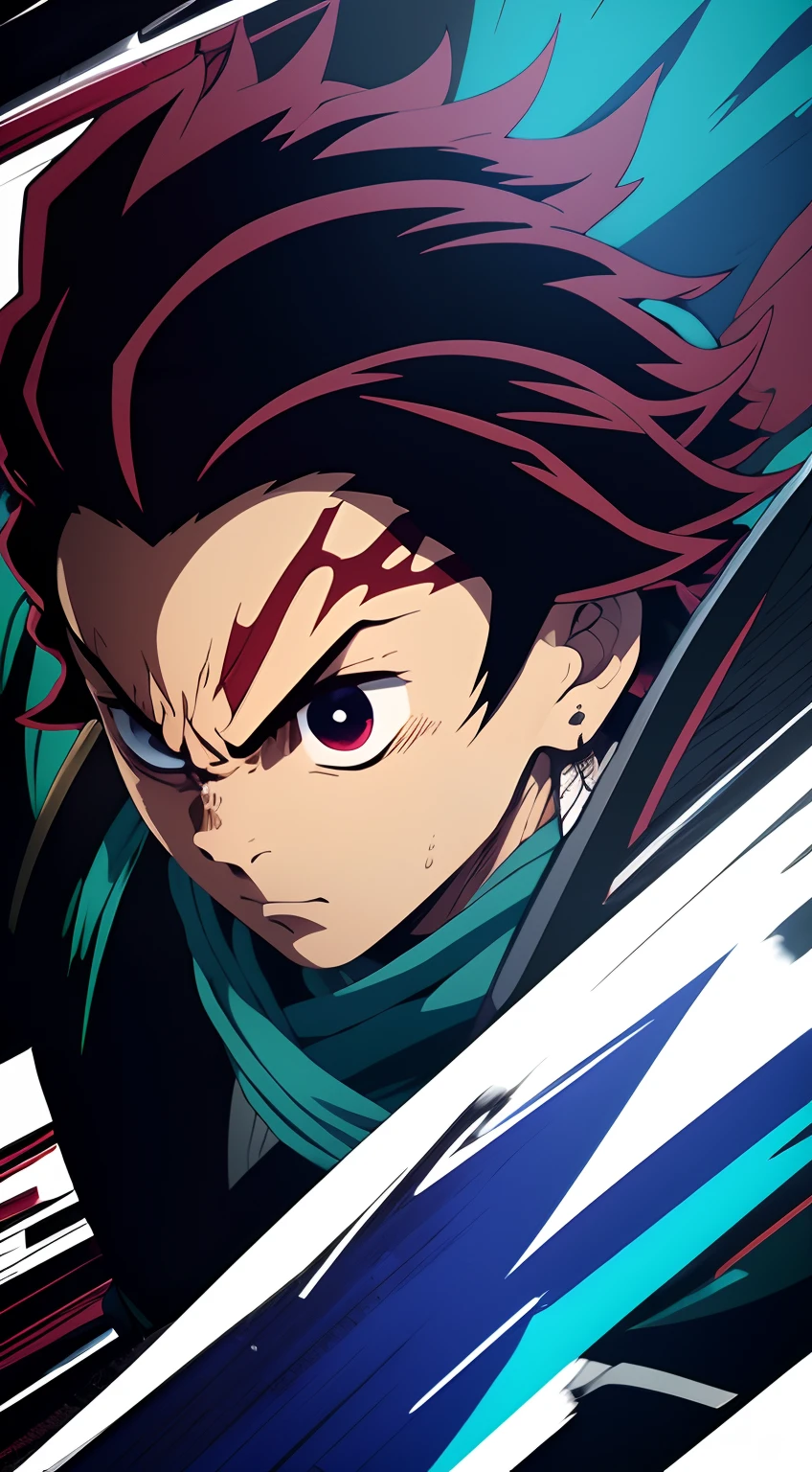 "Create an intense and dynamic 8K full HD image of Tanjiro Kamado in the midst of a fierce battle. Set the scene against a striking black background to emphasize the action. Showcase Tanjiro using his water breathing techniques with vivid blue sword strikes and a determined expression, surrounded by dynamic motion lines and splashes. Capture the essence of his combat prowess and unwavering resolve in this epic battle scene."