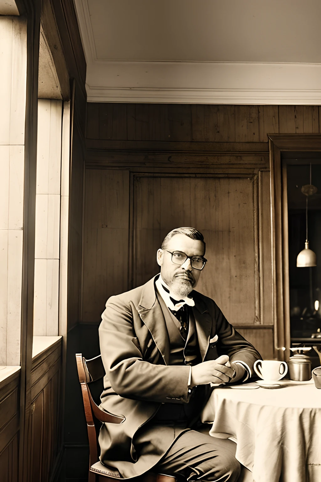 guttonerdvision14, Retro-style photograph of a 19th-century man with glasses sitting in a period café. It has a serene and contagious expression, e em sua mesa, There's a cup of coffee and a croissant. In the background, We see an espresso machine on the counter. The lighting is dim, reminiscence of the 19th century. sepia photography. Realistic, Nostalgic, e extremamente detalhado, com desfoque de fundo significativo.