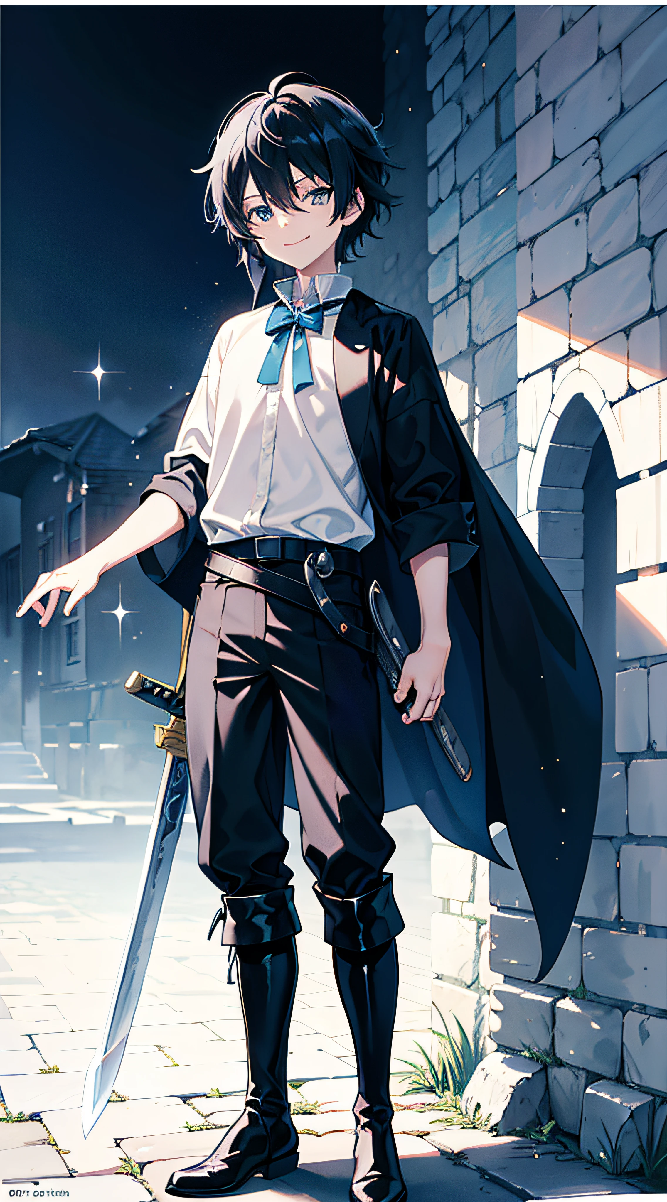 draw a anime poster of  boy with black hair, white medieval shirt, sword in his hips, black long boots, black pants, blue eyes, the background is a medieval town, looking to the viewers, smiling,