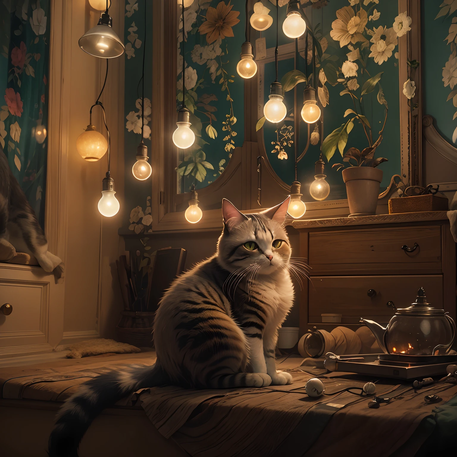 liveroom,A round-eyed cat sitting, There are small colored light bulbs hanging next to it,There is a lamp outside the window.