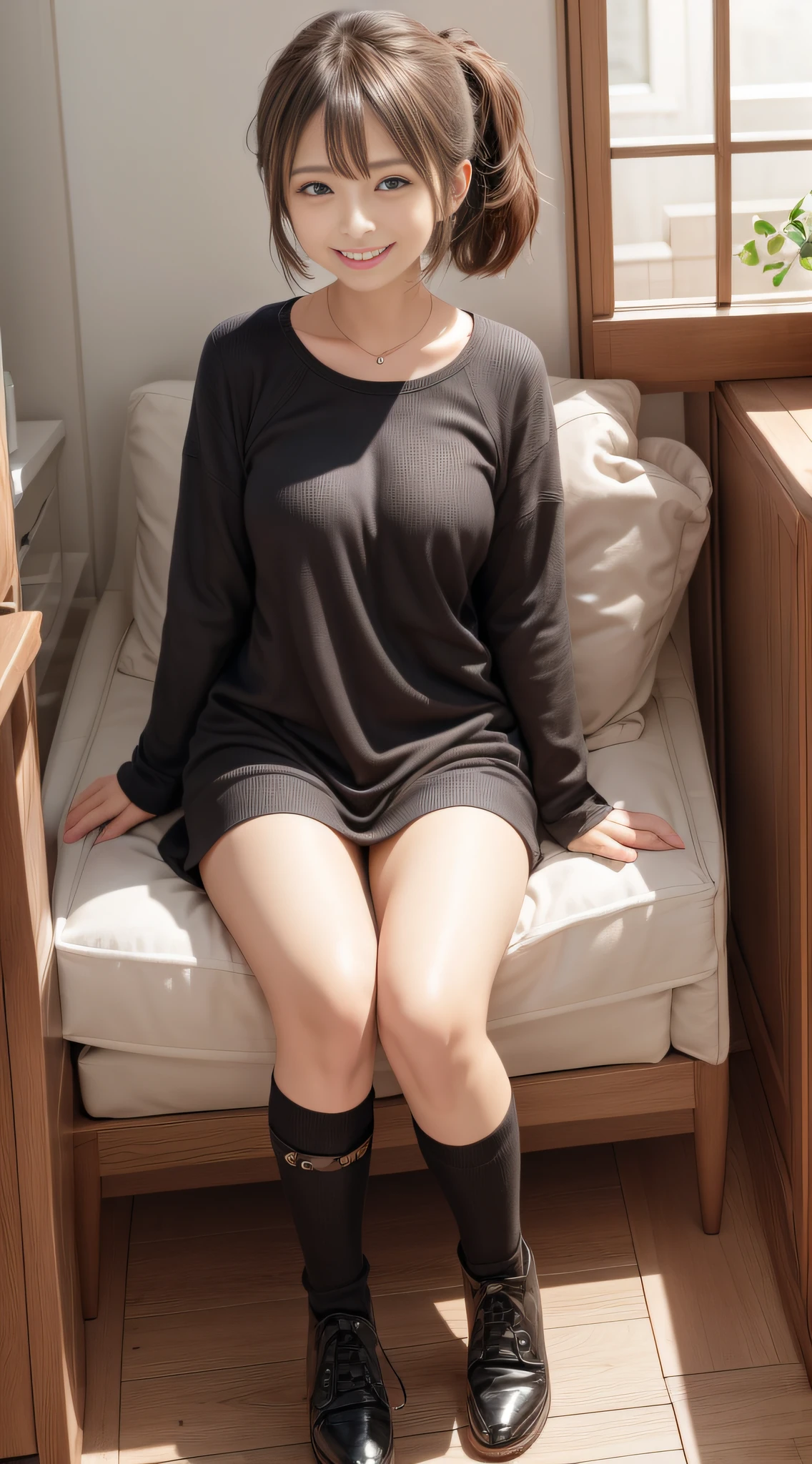 one girls, poneyTail, Smiling smile, Brown hair、azure eyes、Large ribbon、sit a chair、