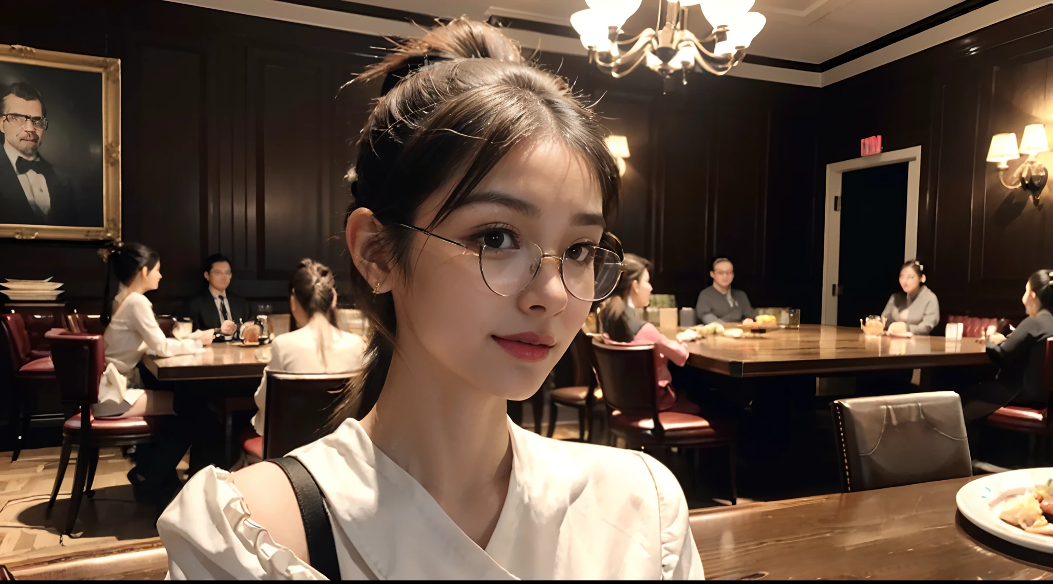 (shoulder length straight short black hair: 1.3), （Extremely meticulous CG 8k wallpaper），（Extremely refined and beautiful），（Masterpiece），（best qualtiy：1.0），（Ultra High Resolution：1.0），beautiful light up，Perfect lightning，realistic shaded，[A high resolution]，Smooth and flawless fair skin，Extremely exquisite facial details，（perfect body：1.1），ultra - detailed,1 beautiful girl，small head，(very Short ponytail:1.5),(glasses:1.3),(Flat chests:1.3)，slim，thin，Smile，cheerfulness，(White long sleeved sweater:1.5），Slender legs,Elbows on the table,upper body,close shot,cowboy shot,(Portrait above chest level:1.2),(Photo booth:1.2),In a luxurious restaurant, (a huge dining table with many delicious dishes:1.5), (sitting on chairs beside the table:1.3), (many other people are also sitting at the table:1.2)