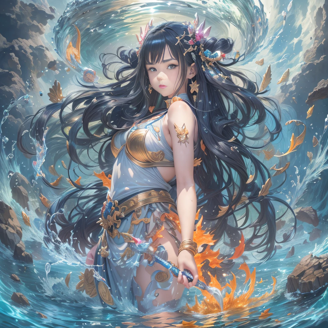 melhor qualidade, high resolution, (super detalhado), 1 girl, sozinho, maduro, sereia (extremely long and braided black hair), Head Accessories, brincos, pearls necklace, elegante, Holy, Colouring, Maior detalhe, underwater, Floating and messy hair in the sea, flor, back, sereia preta da cauda, humana do corpo superior, sereia bonita, sereia sedutora, sereia nadando de baixo do mar, mar brilhante, sereia maldoza, Sereia do mal, A mulher mais bonita, rosto perfeito, cintura fina, cauda de peixe, cauda da parte de baixo do corpo, mulher peixe