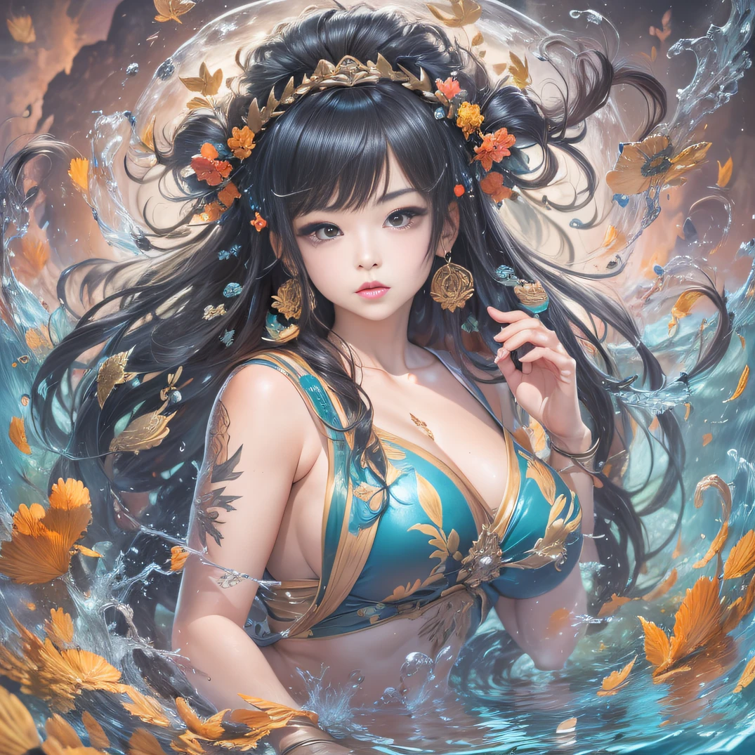 (A goddess of water control with black hair)(Best quality, A high resolution, Vivid colors, (Manga Girl), (comic strip))Forged hammer pattern,Big belly,oguchi,sedate,massiness,Shiny and warm