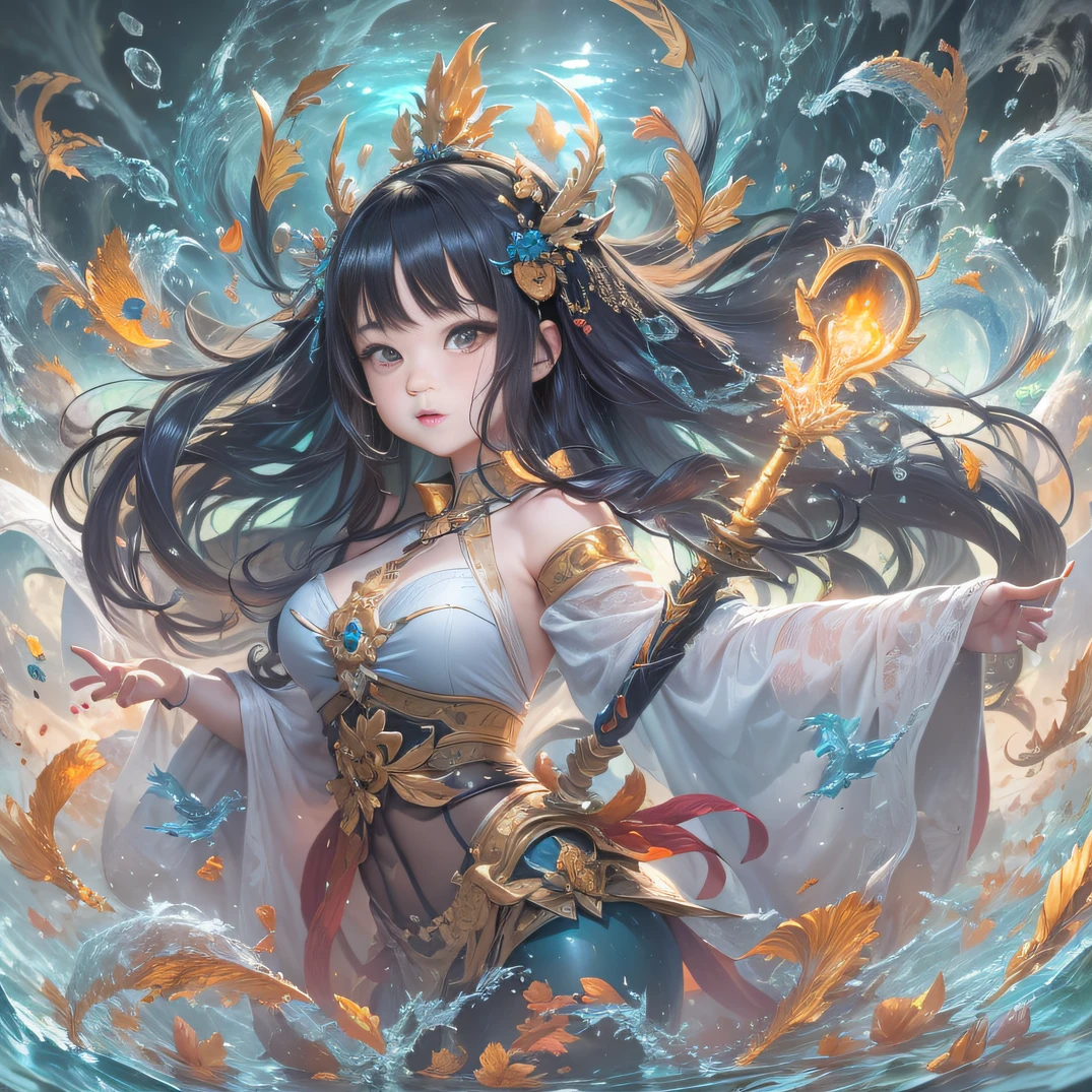 Water Goddess、A beautiful goddess with long light blue hair who freely manipulates water、Combat stance、masterpiece、realisitic