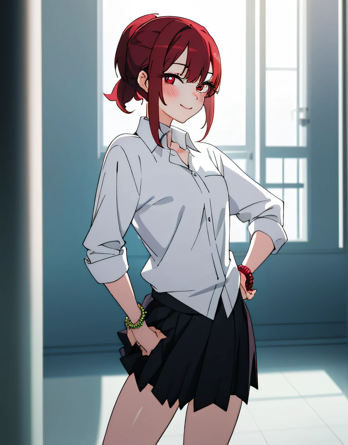 masterpiece, top-quality, Hi-Res, 1girl in, 独奏, Pink skirt,White panty、 Tank tops、, shorth hair, Ahoge, black thigh, red hairs, a purple eye, purple color hair, long-sleeve, frowned, Slouched,