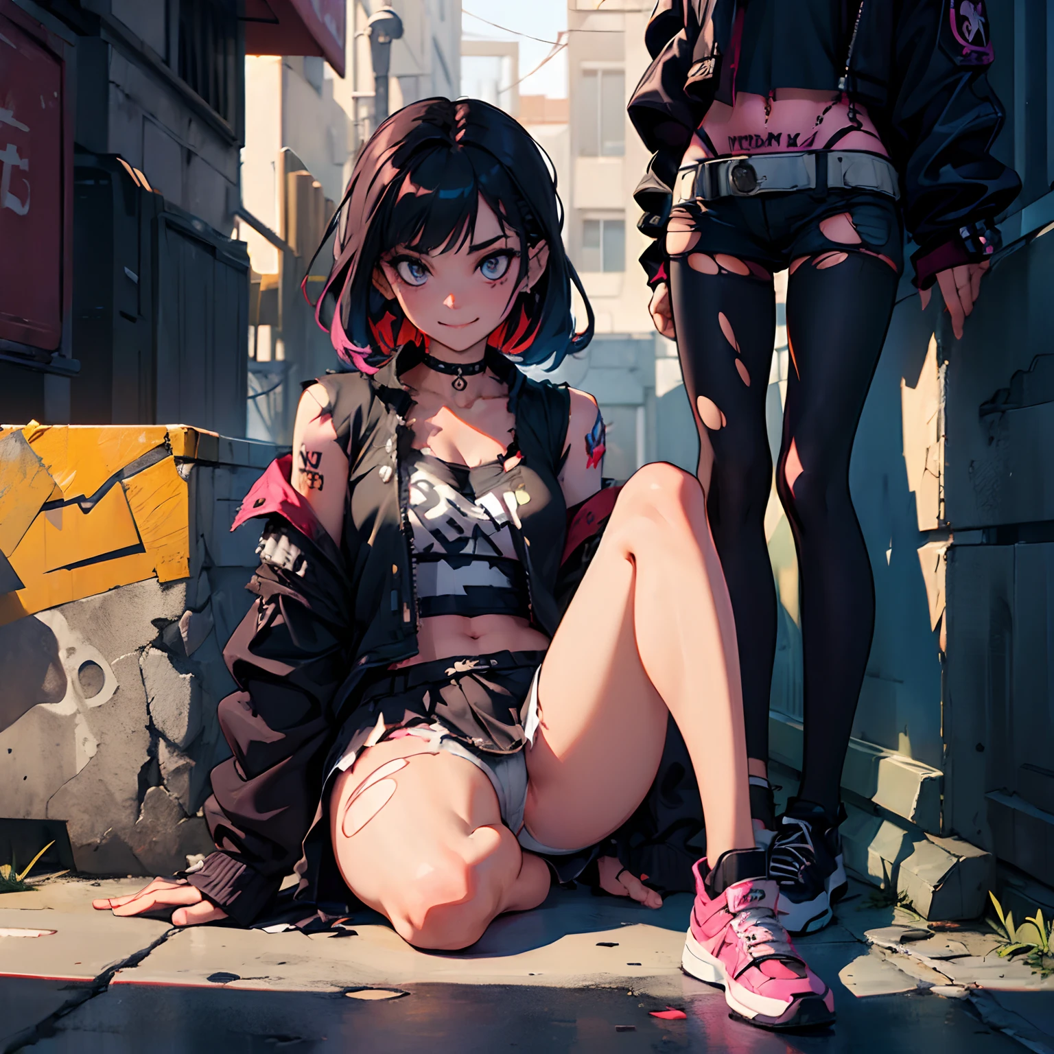 19 year old girl sitting on a curb in alley, ((legs spread)) , (open legs and bent knees), midnight, multicolored hair, scary street, smiling, choker, tight white shirt, Confident look on her face, high quality, highres, detailed, (medium breasts) , (punk clothes:1.3), disheveled hair, dramatic shading, short skirt, panties, (((legs apart))), ((torn clothes:1.5)), beautiful face, attractive face, (wide hips) , thigh highs, Masterpiece, (cinematic lighting)