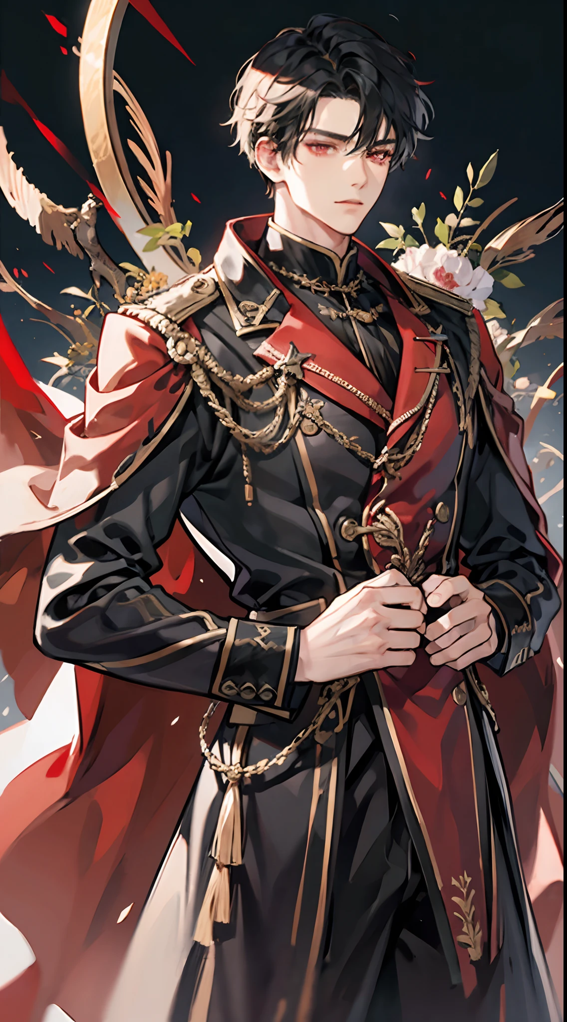 1 male human、Adults、tall muscular man、[[[[facing front]]]]、(hight resolution、ultra-detailliert)、greyt hair、 Red eyes, [[[[[Simple background]]]]], [[[[[full bodyesbian]]]]],black backgrounds、military outfits、[[[Standing picture]]], frontage、broad shoulder、[[[[[30-years old]]]]],Cold expression,