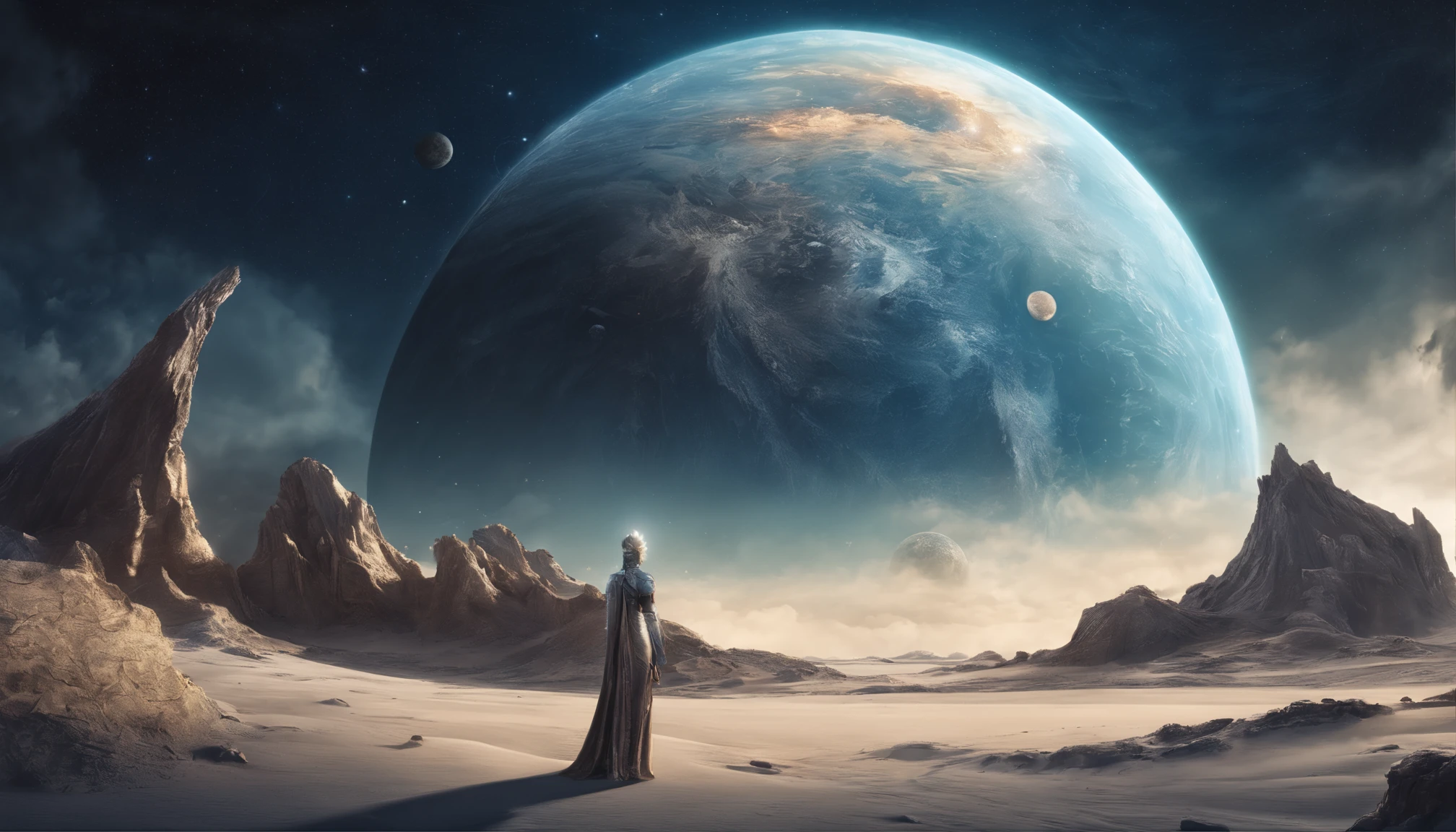 huge planet, the night, starrysky, surrealism, masutepiece, hight resolution、Impressive Milky Way:1.9、sand beach、Vast blue ocean、Blue glacier、lightning bolt:1.9、Protoplanets