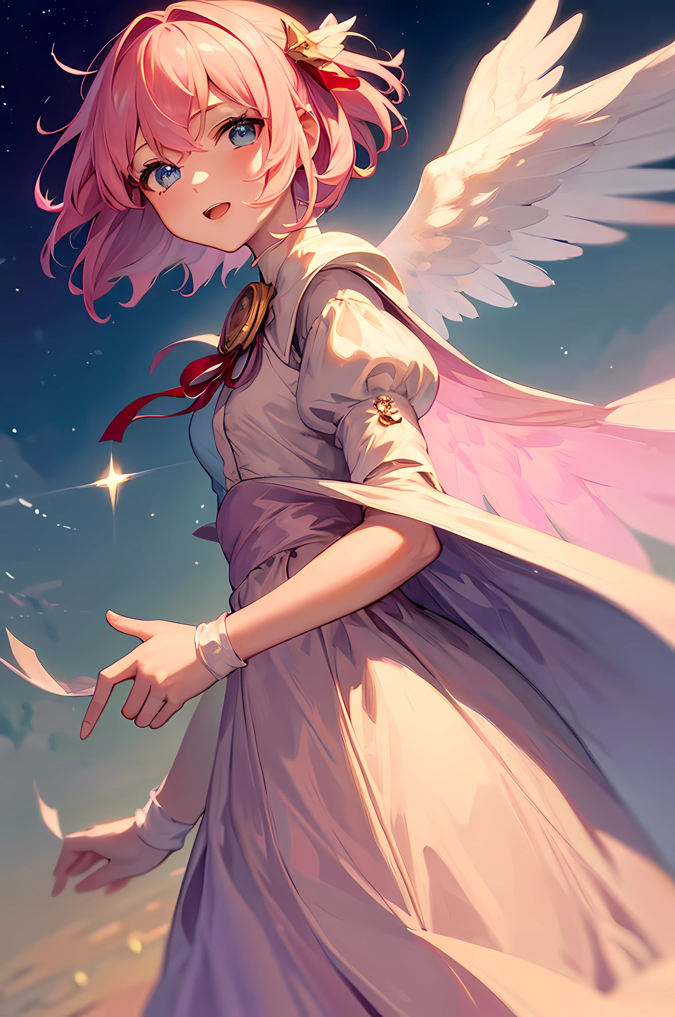 ((masterpiece:1.2, best quality)), 1girl, solo, (angel wings), a close up of a girl with short pink hair, short hair, dress, aurora, night, star (sky), gloves, sky, Crimson Dress, night sky, open mouth, starry sky, light blue eyes, ribbon, very shorthair, red dress, smile, hair ribbon, cape, pink hair, (bird), magic, casting spell, dark clouds, night, (impressionism:1.4), alphonse mucha,