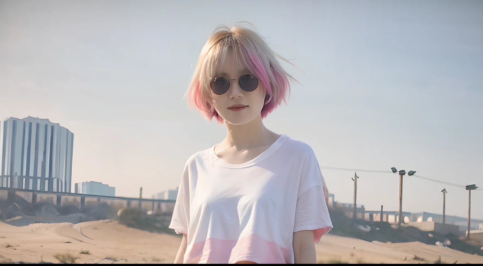 white straight hair with green, short hair, full height, wearing a short white T-shirt with blue and pink shades, sports shorts, light sports sneakers