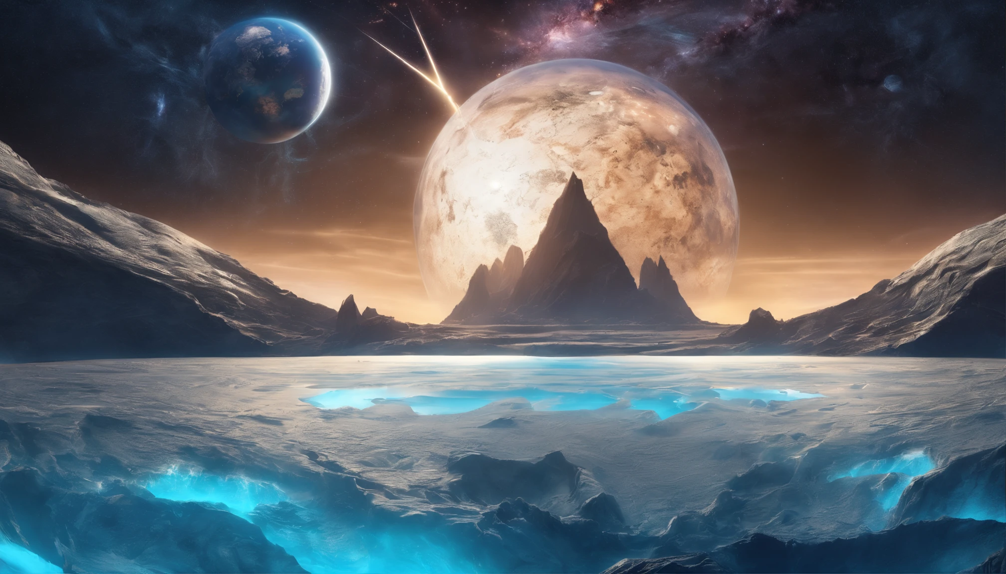 huge planet, the night, starrysky, surrealism, masutepiece, hight resolution、Impressive Milky Way:1.9、sand beach、Vast blue ocean、Blue glacier、lightning bolt:1.9、Protoplanets