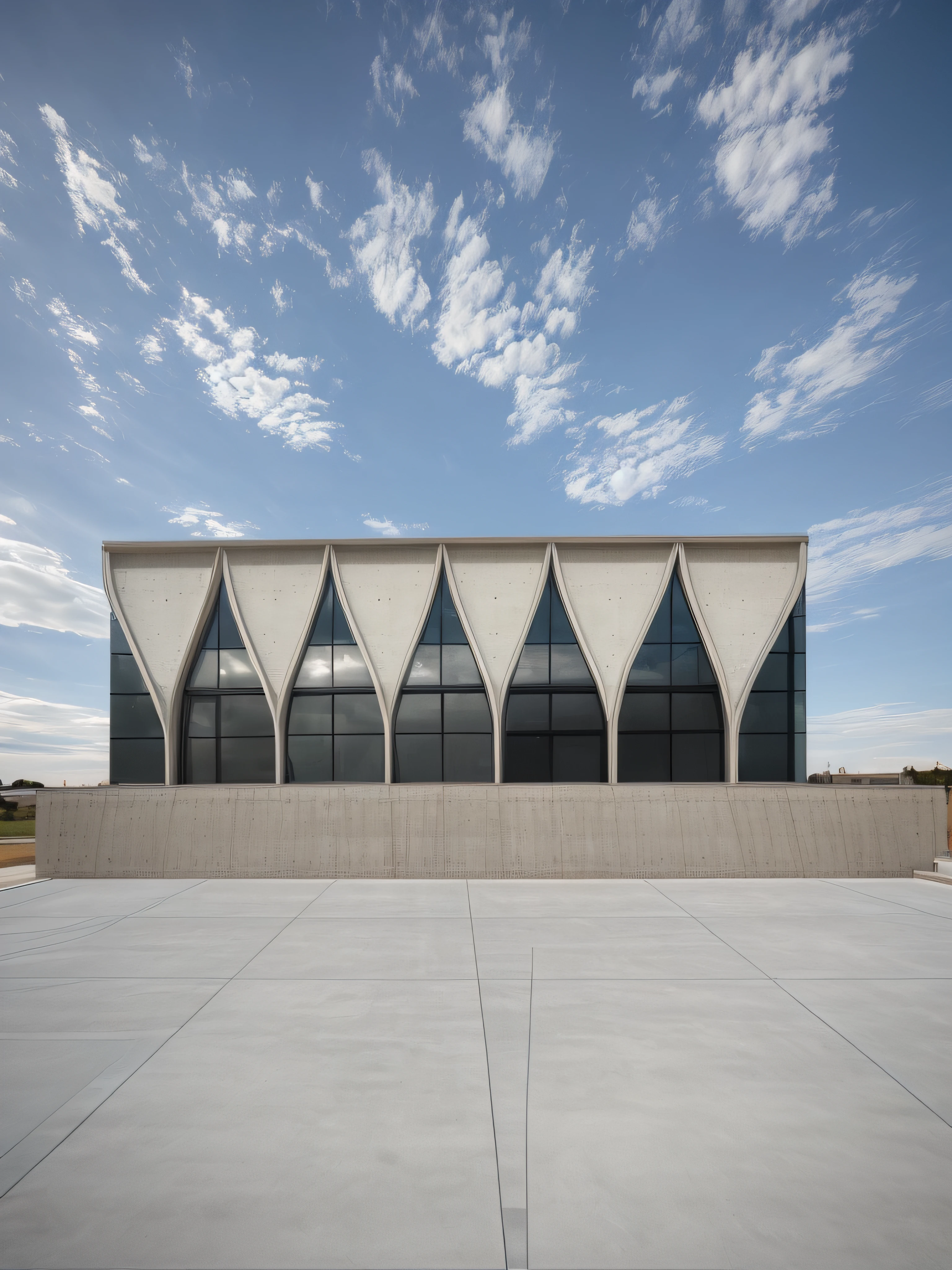 Exterior of the gymnasium in the prairie, solid structure, glass surface, reinforced concrete sunshade, modern style