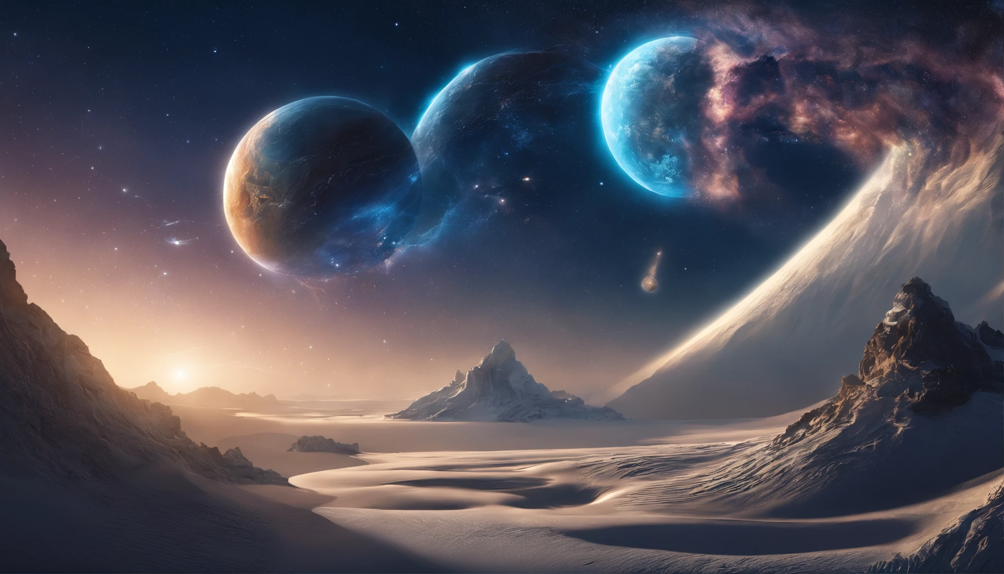 huge planet, the night, starrysky, surrealism, masutepiece, hight resolution、Impressive Milky Way:1.9、sand beach、Vast blue ocean、Blue glacier、lightning bolt:1.9、Protoplanets