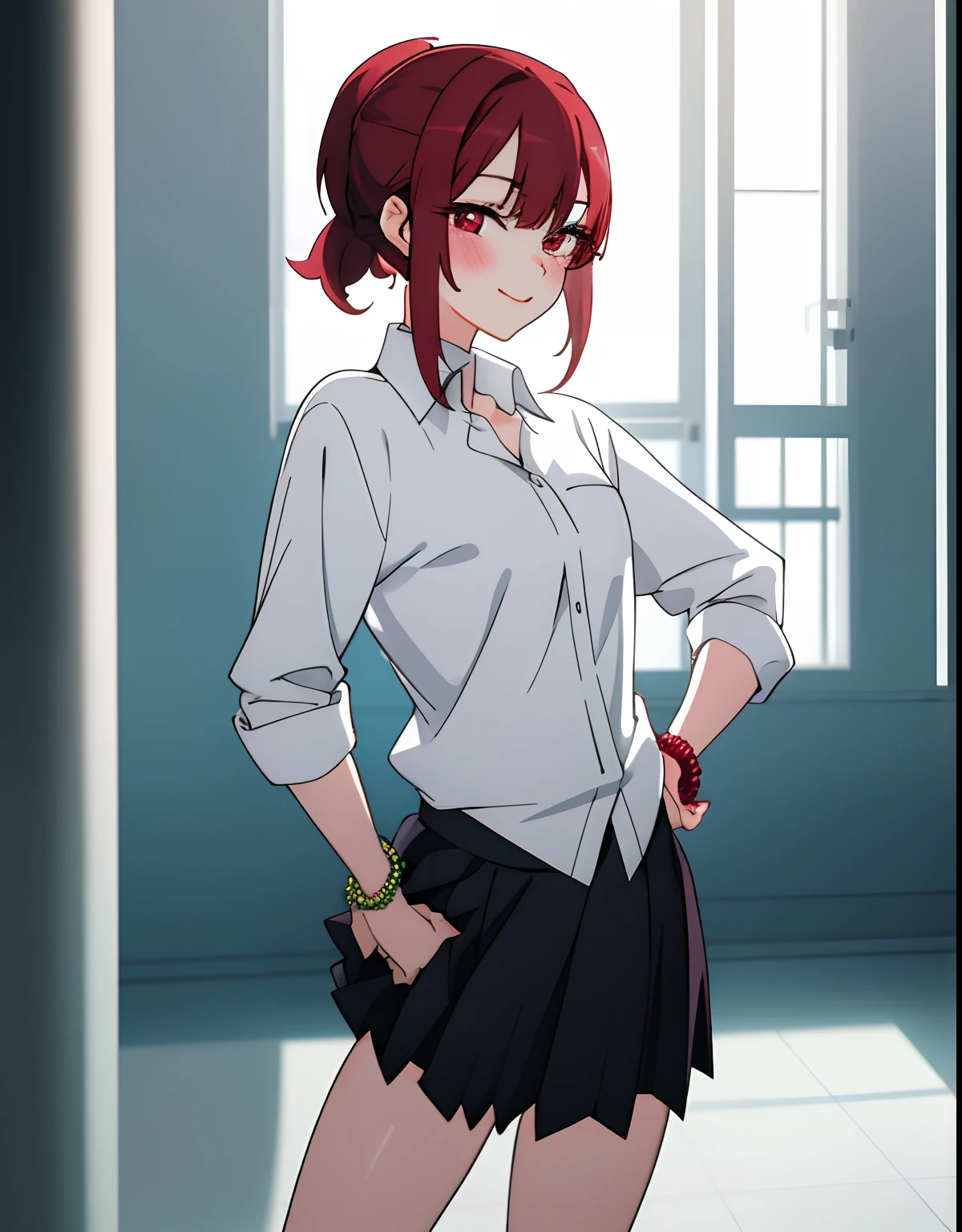 4k, Masterpiece, hight resolution,natural volumetric lighting and better shadows, Deep depth of field, sharp-focus, Soft, Gentle, Beautiful, attractive face,Anime style bisquedoll ,[kitagawa marin with red hair|Nadia], 1girl, upper-body, beaded bracelet, beads, red hair, black skirt, blusher, A bracelet, Hand on hip, Jewelry, short red hair with little ponytail, looking a viewer, black skirt, red eyes, school uniform, Shirt, exteriors, upskirt, Smile, 独奏, Standing,whitebackground, white shirt.