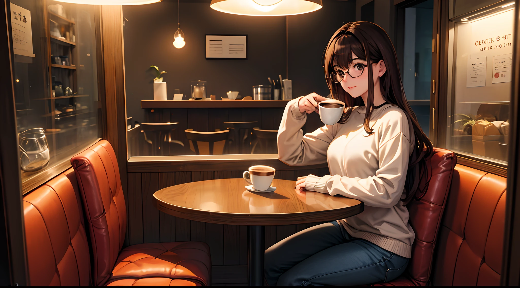 master part, best quality, Antecedentes muito detalhados, INTERVALO 1girl, Pov, roupa casual, sweater, echarpe, jeans, Botas, brown hair, olhos azuis, boina, reading glasses, coffee cup, peito achatado, BREAK sitting at the table, Olhando para o Viewer,sentado ao lado, BREAK tarde aconchegante, coffee shop, mesas de madeira, comfy chairs, soft-lighting, Clientes