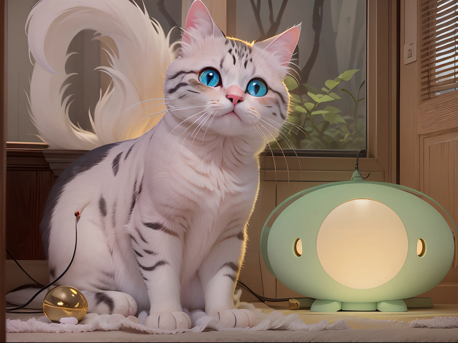liveroom,A round-eyed cat sitting, There are small colored light bulbs hanging next to it,There is a lamp outside the window.