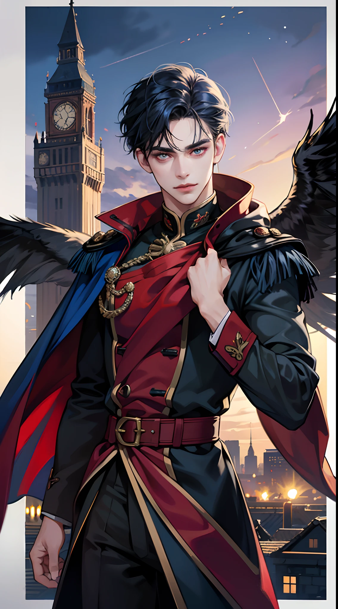 male people，twinks，Men with feminine features，Young Face，Blue mesh hair on black hair，dishevled hair,His long back hair is tied with a red ribbon.，Clear eyes，Red Eyes，Military fashion with blue and black decorations，Red shoulder cloak，Realistic illustrations delicately expressed in detail，animesque，comic strip，Pale moonlit night background，Multiple flying crows，Dark Hero，Stand on top of a dilapidated building，View here，Recite the book，selfee